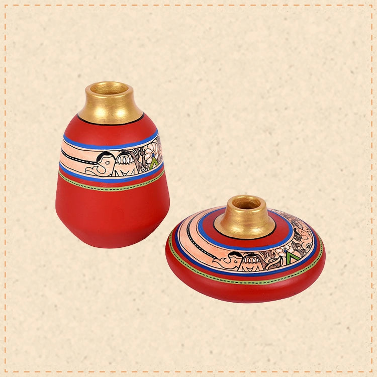 Vase Earthen Red Madhubani (Set of 2) (3.5x6.5/6.5x5.5)