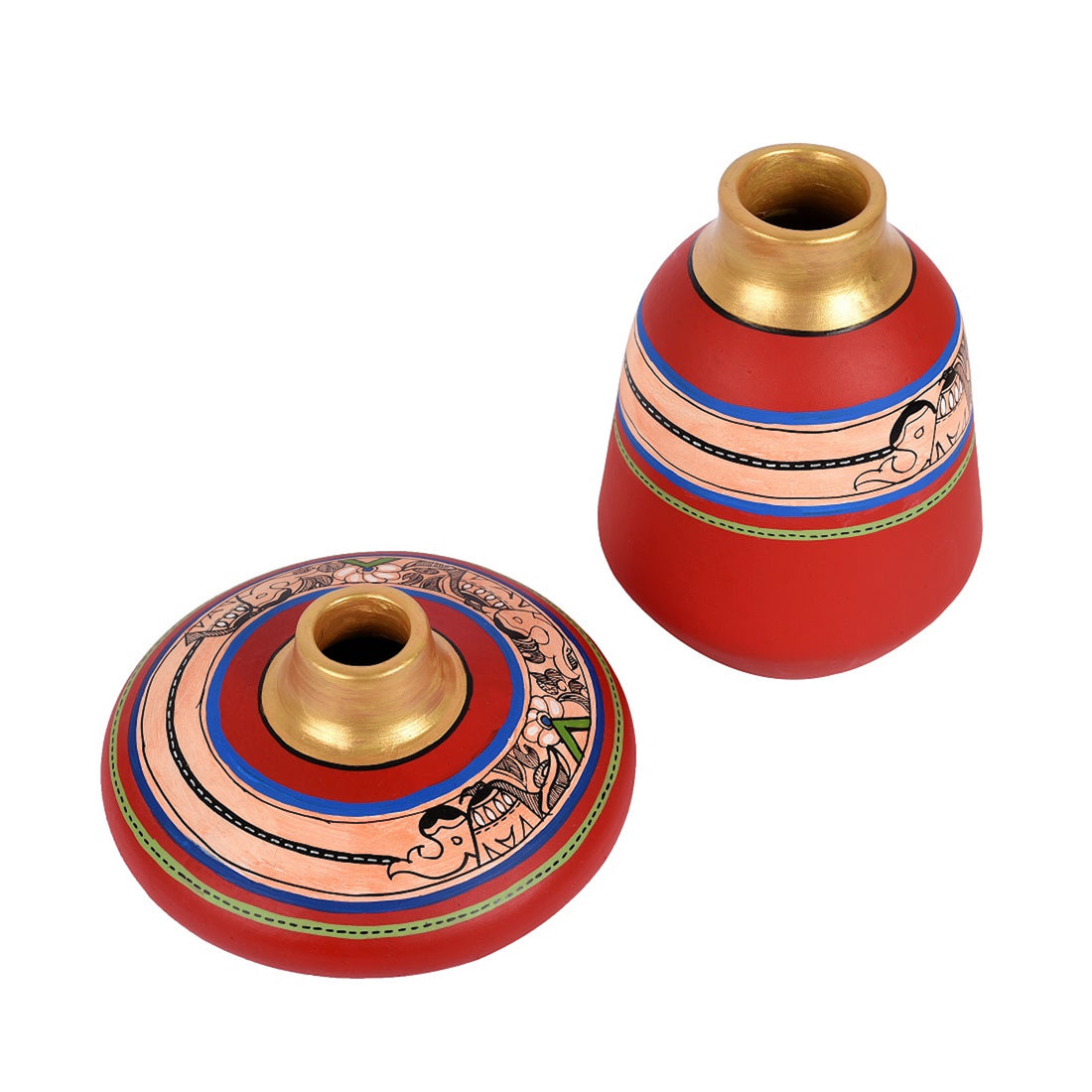 Vase Earthen Red Madhubani (Set of 2) (3.5x6.5/6.5x5.5)