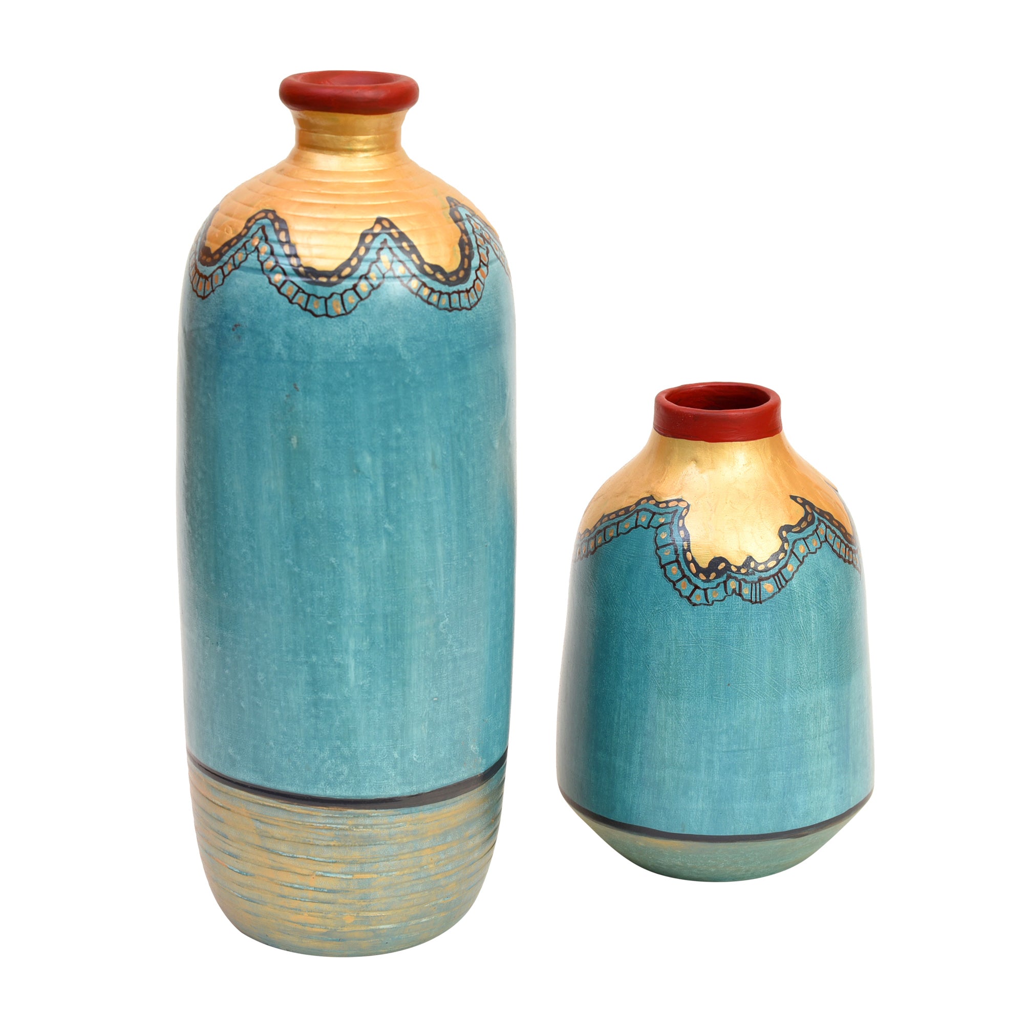 Turquoise Blue Golden Glaze Vase Set of 2 (10.5x4/6.5x4 Dia)