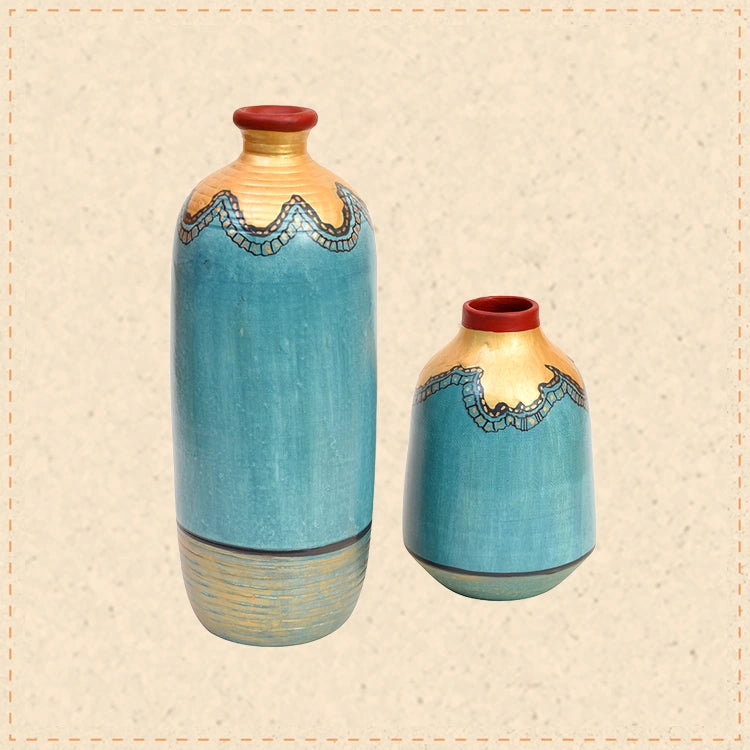 Turquoise Blue Golden Glaze Vase Set of 2 (10.5x4/6.5x4 Dia)