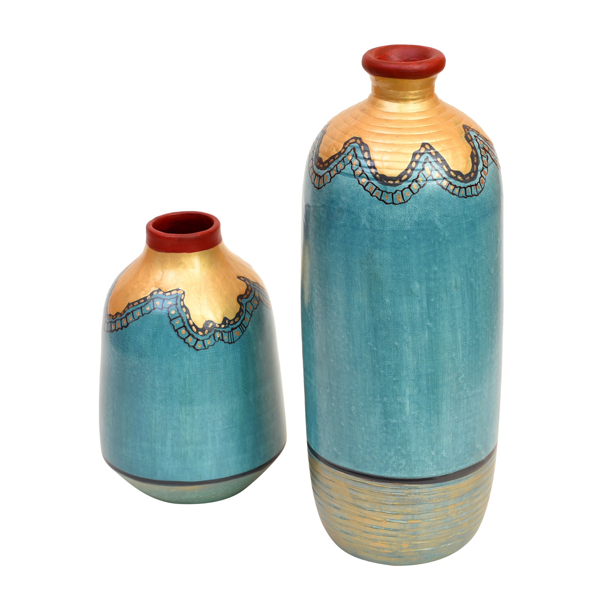 Turquoise Blue Golden Glaze Vase Set of 2 (10.5x4/6.5x4 Dia)
