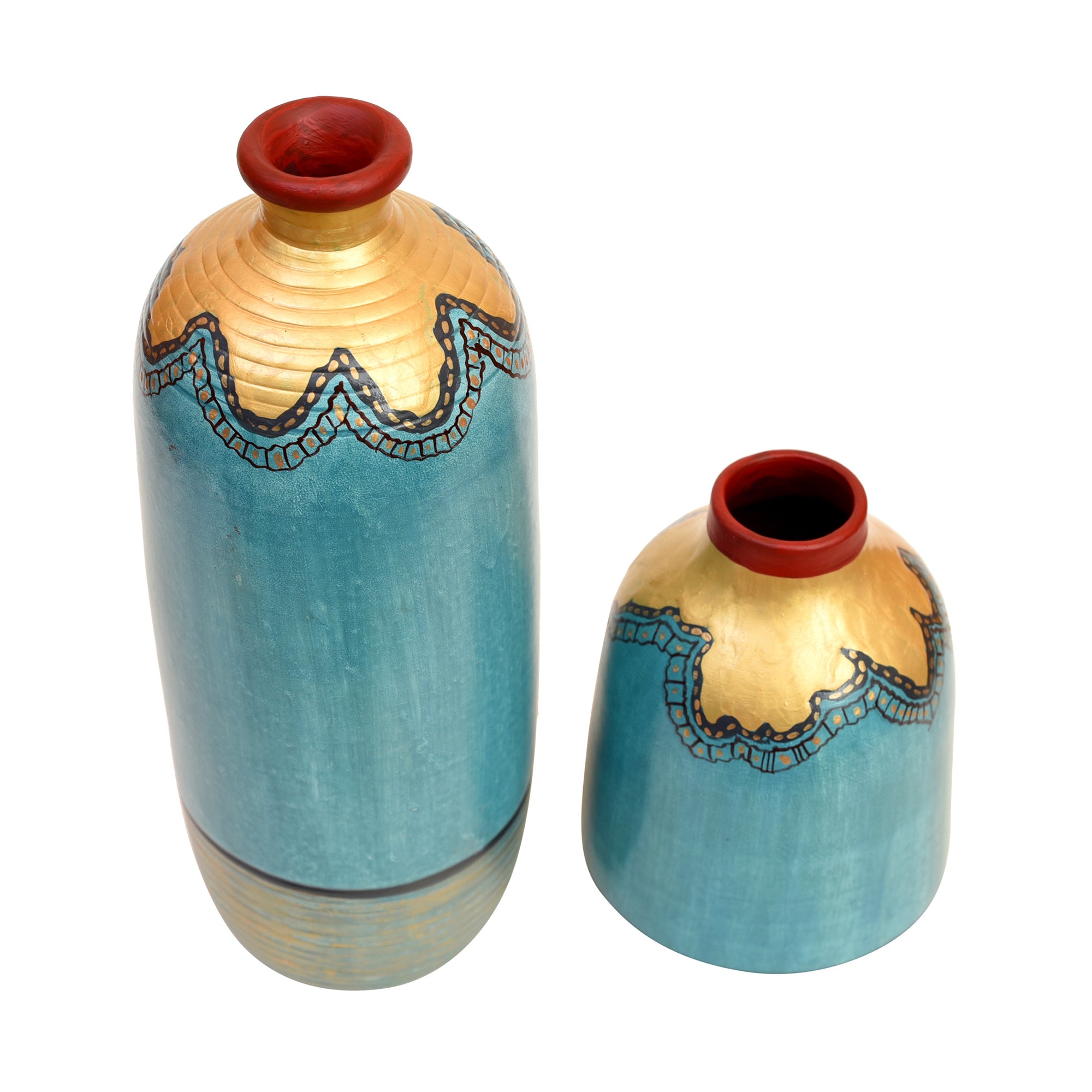 Turquoise Blue Golden Glaze Vase Set of 2 (10.5x4/6.5x4 Dia)