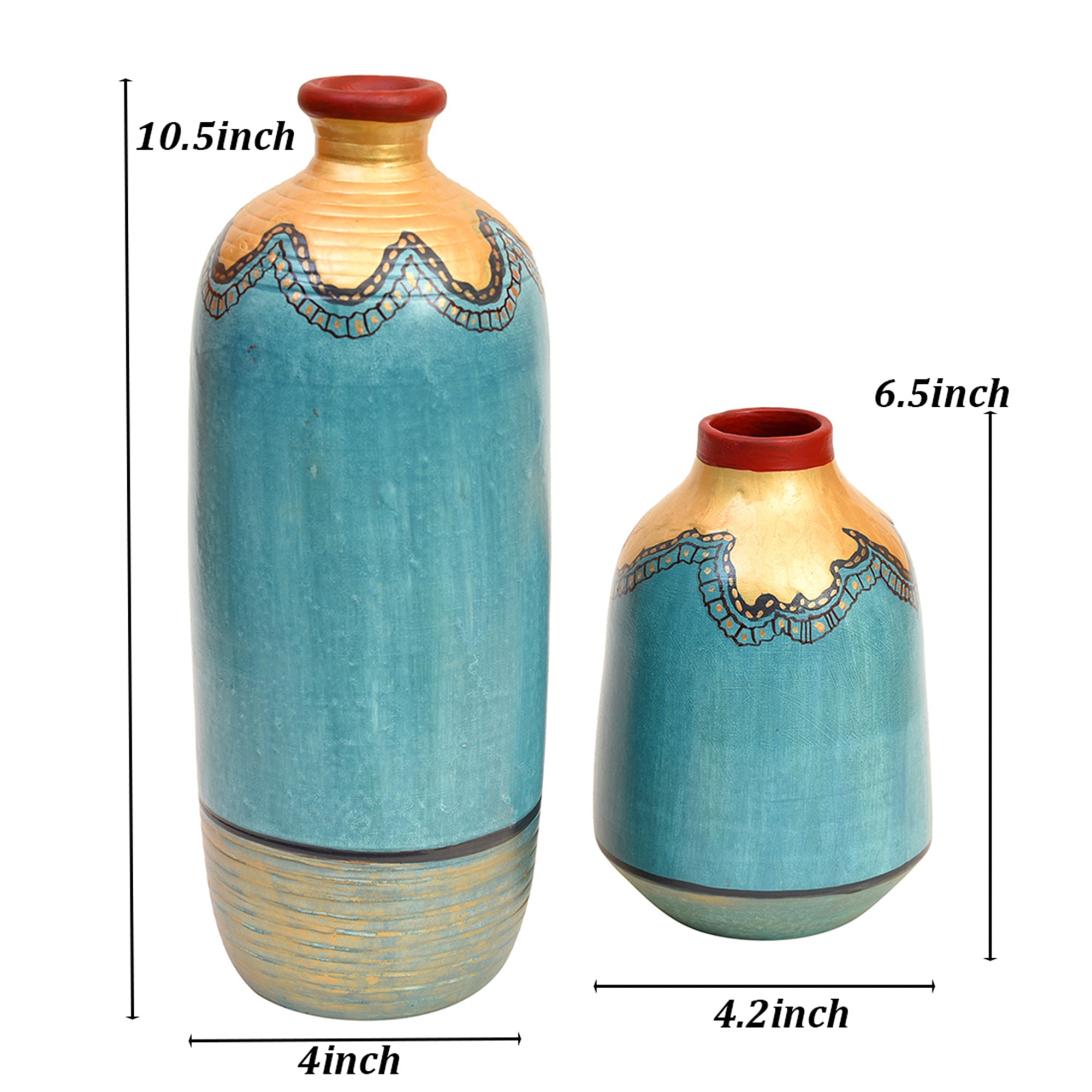 Turquoise Blue Golden Glaze Vase Set of 2 (10.5x4/6.5x4 Dia)
