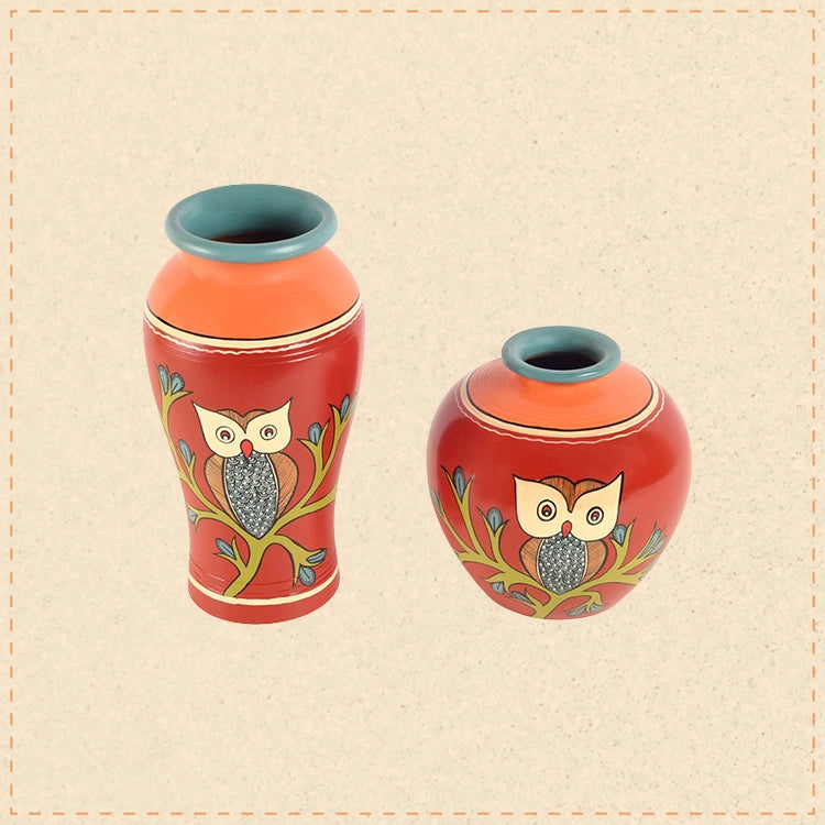 Watchful Owl Terracotta Vase Set of 2 (L)
