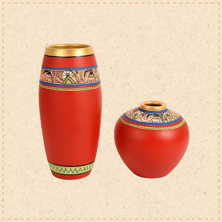 Vase Earthen Red Madhubani (Set of 2) (9x4/5x5)