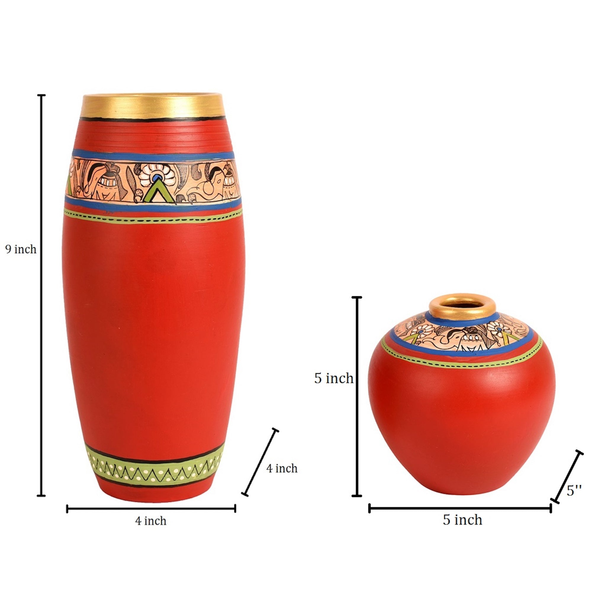 Vase Earthen Red Madhubani (Set of 2) (9x4/5x5)