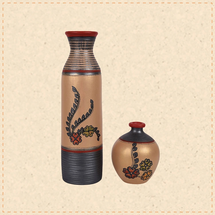 Vase Earthen Simmer Gold Madhubani (Set of 2)