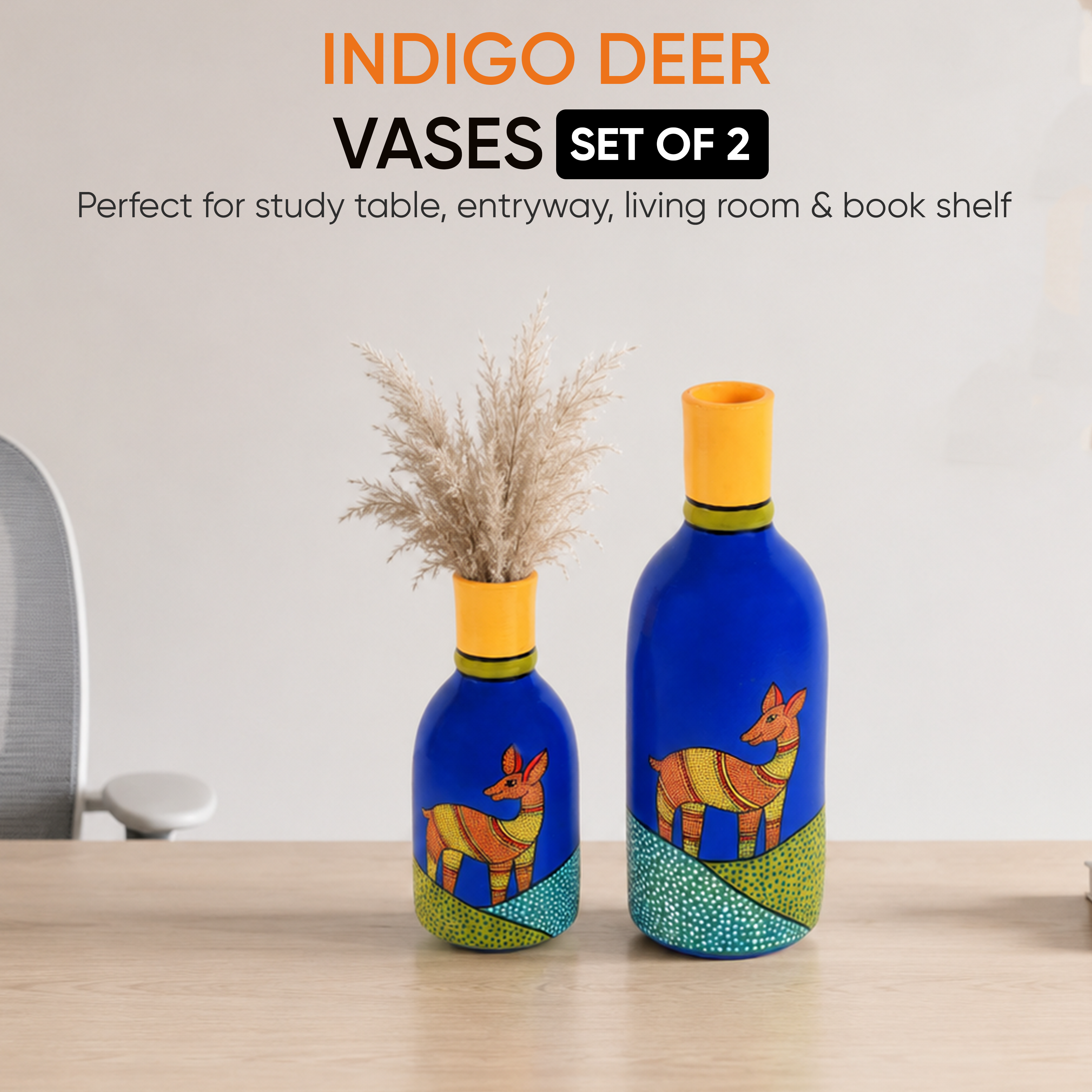Indigo Deer Terracotta Vase Set of 2