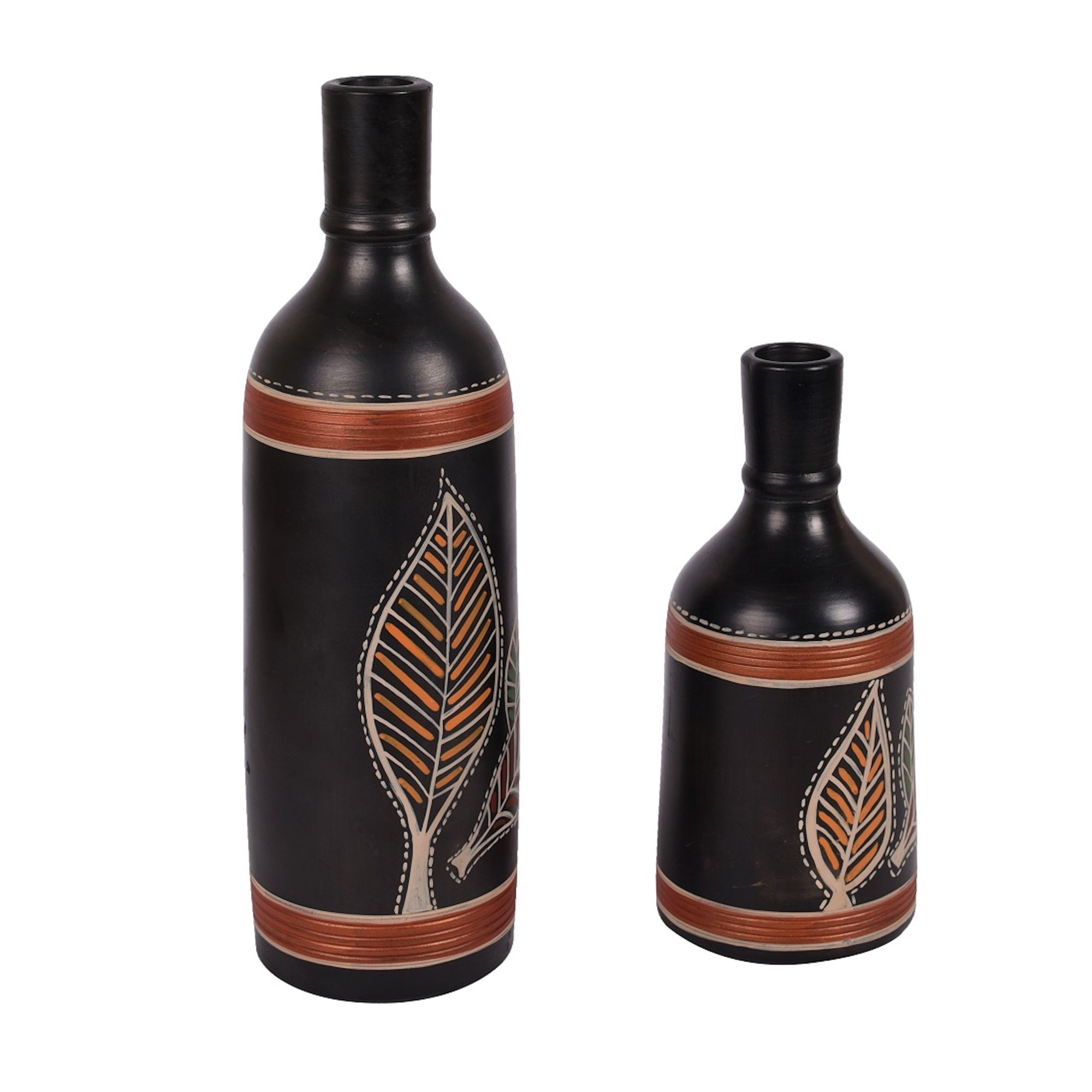 Vase Earthen Black Bottle Madhubani (Set of 2) (9.4x3/6x3)