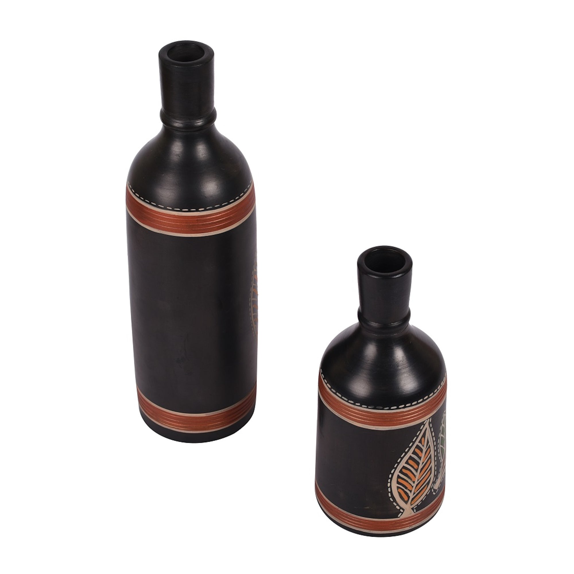 Vase Earthen Black Bottle Madhubani (Set of 2) (9.4x3/6x3)