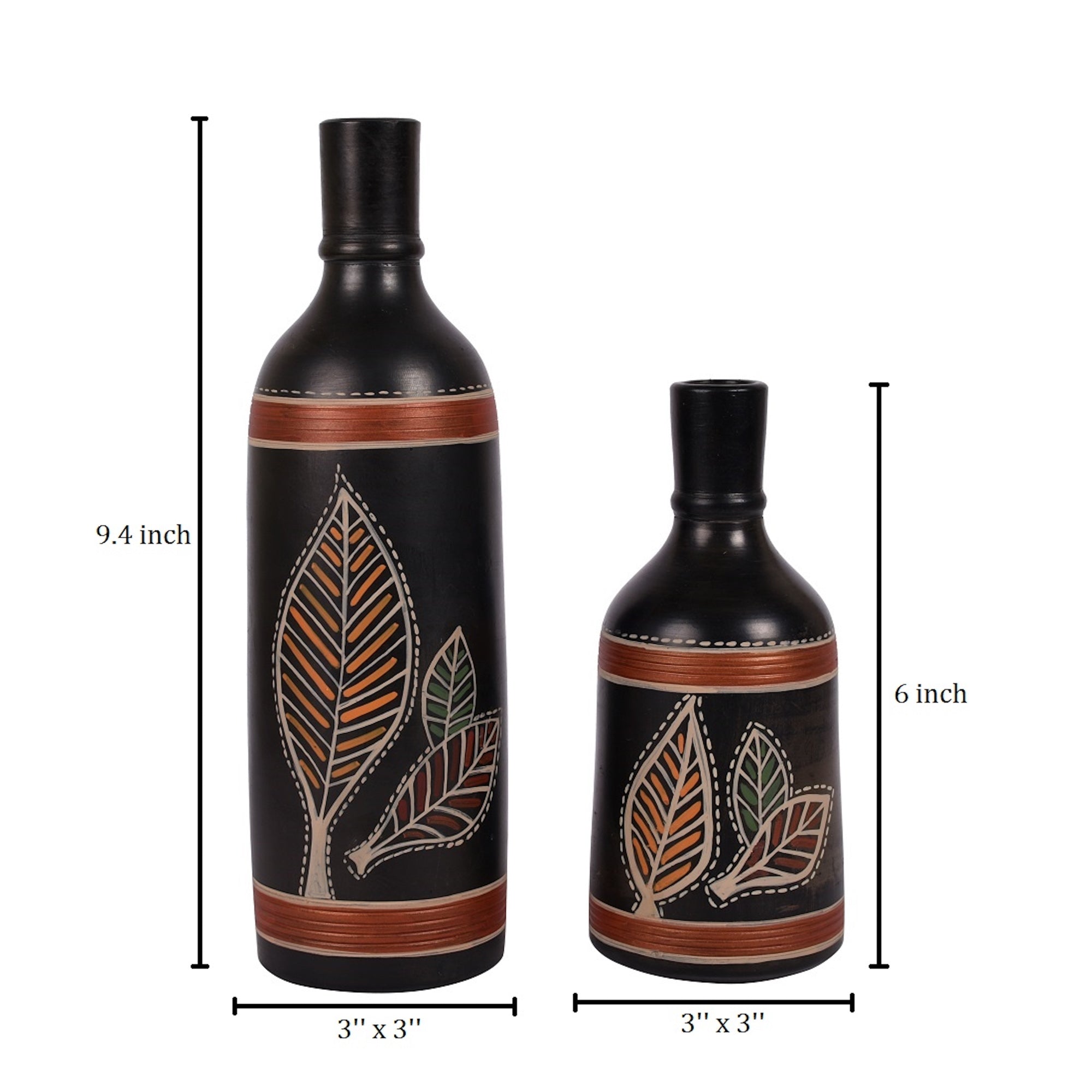 Vase Earthen Black Bottle Madhubani (Set of 2) (9.4x3/6x3)
