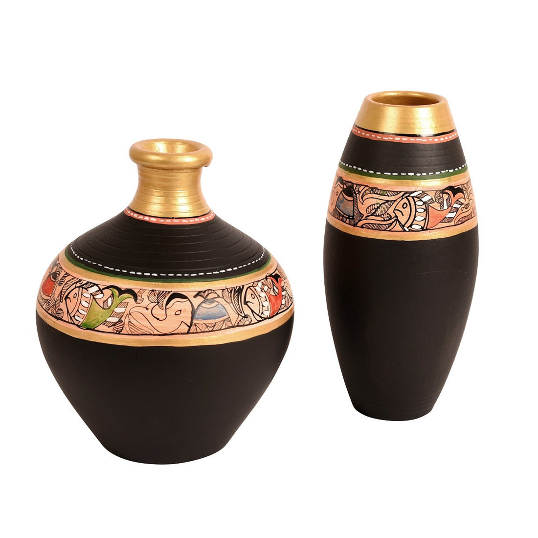 Vase Earthen Black Madhubani (Set of 2) (6x5/6x3)