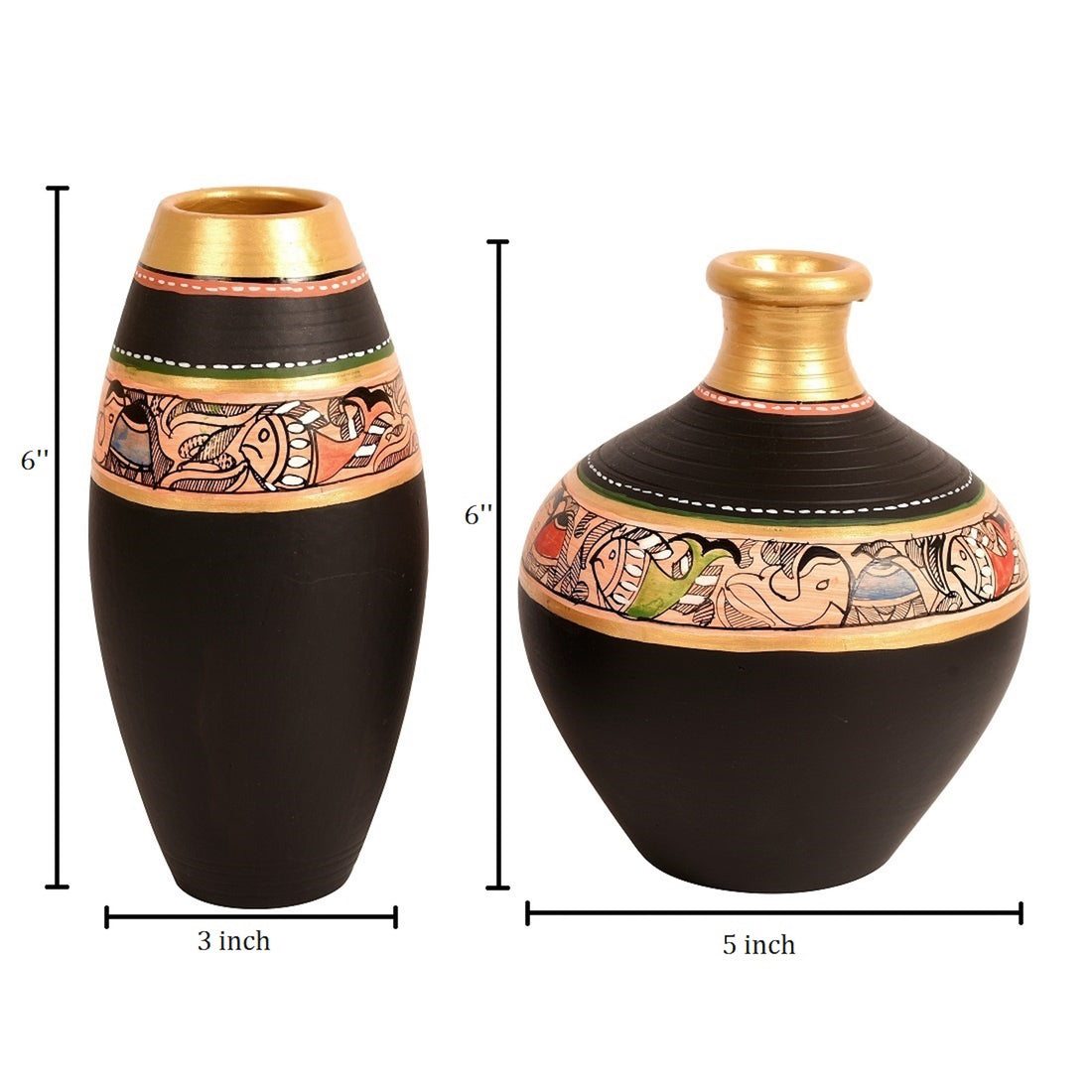 Vase Earthen Black Madhubani (Set of 2) (6x5/6x3)