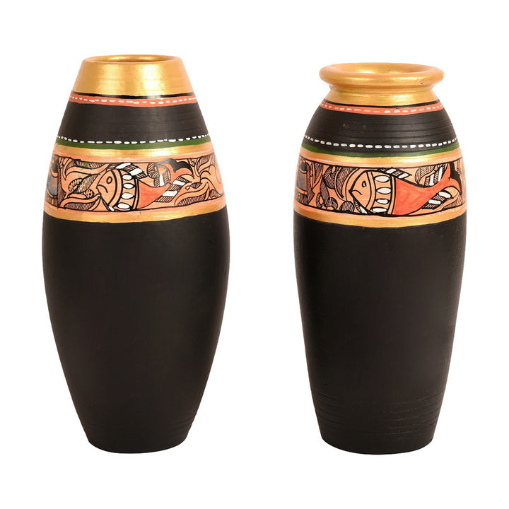 Vase Earthen Black Madhubani (Set of 2) (6.4x3/6x3)