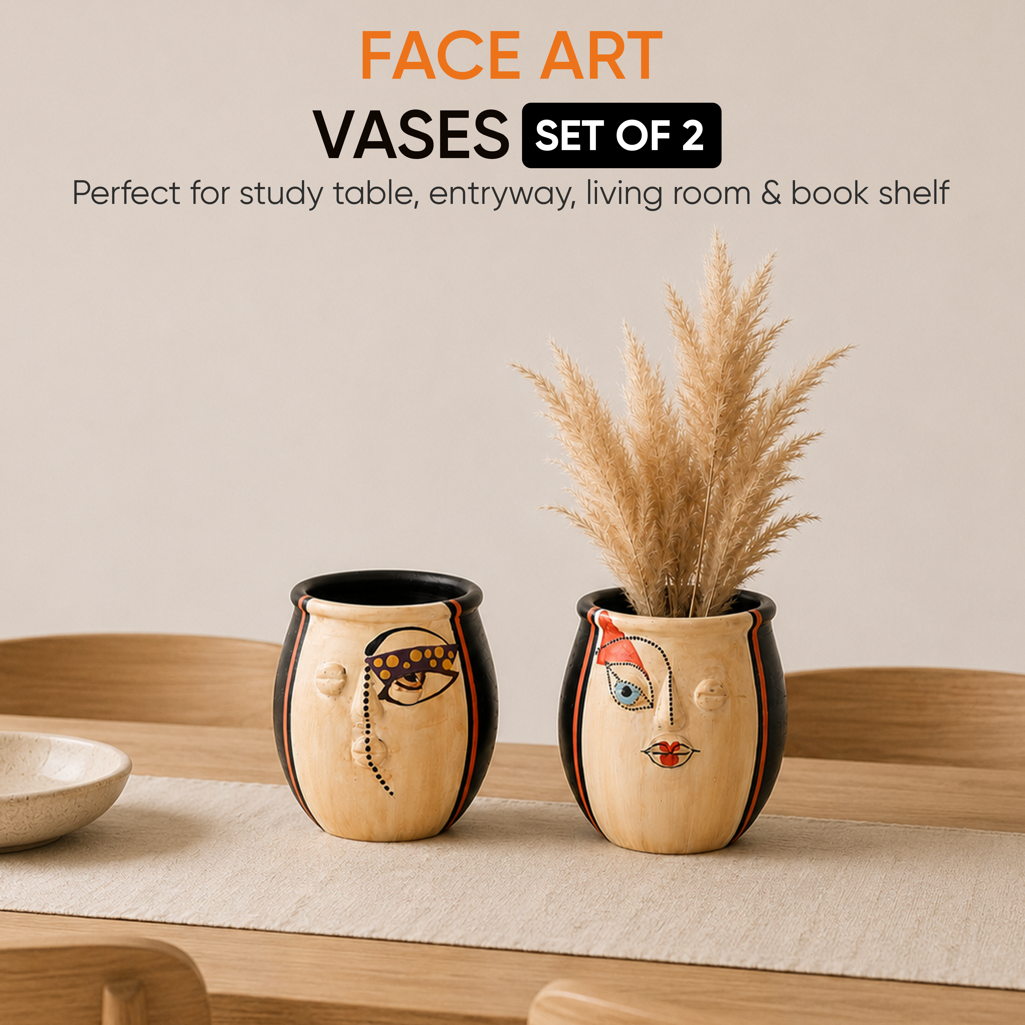 Terracotta Face Art Twin Pots for Modern Home and Office Decor