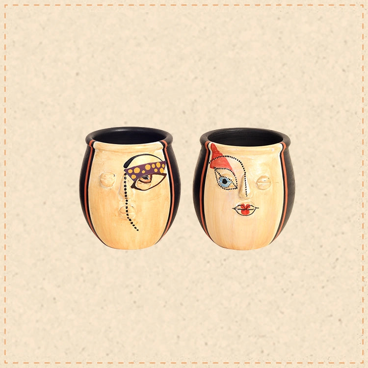 Terracotta Face Art Twin Pots for Modern Home and Office Decor