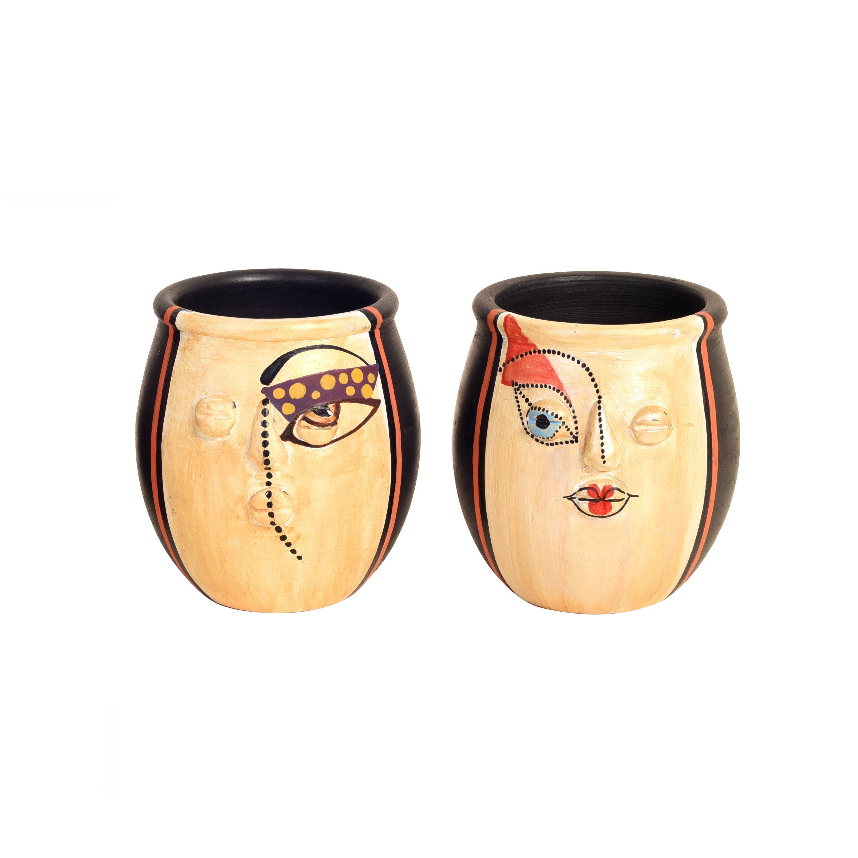 Terracotta Face Art Twin Pots for Modern Home and Office Decor