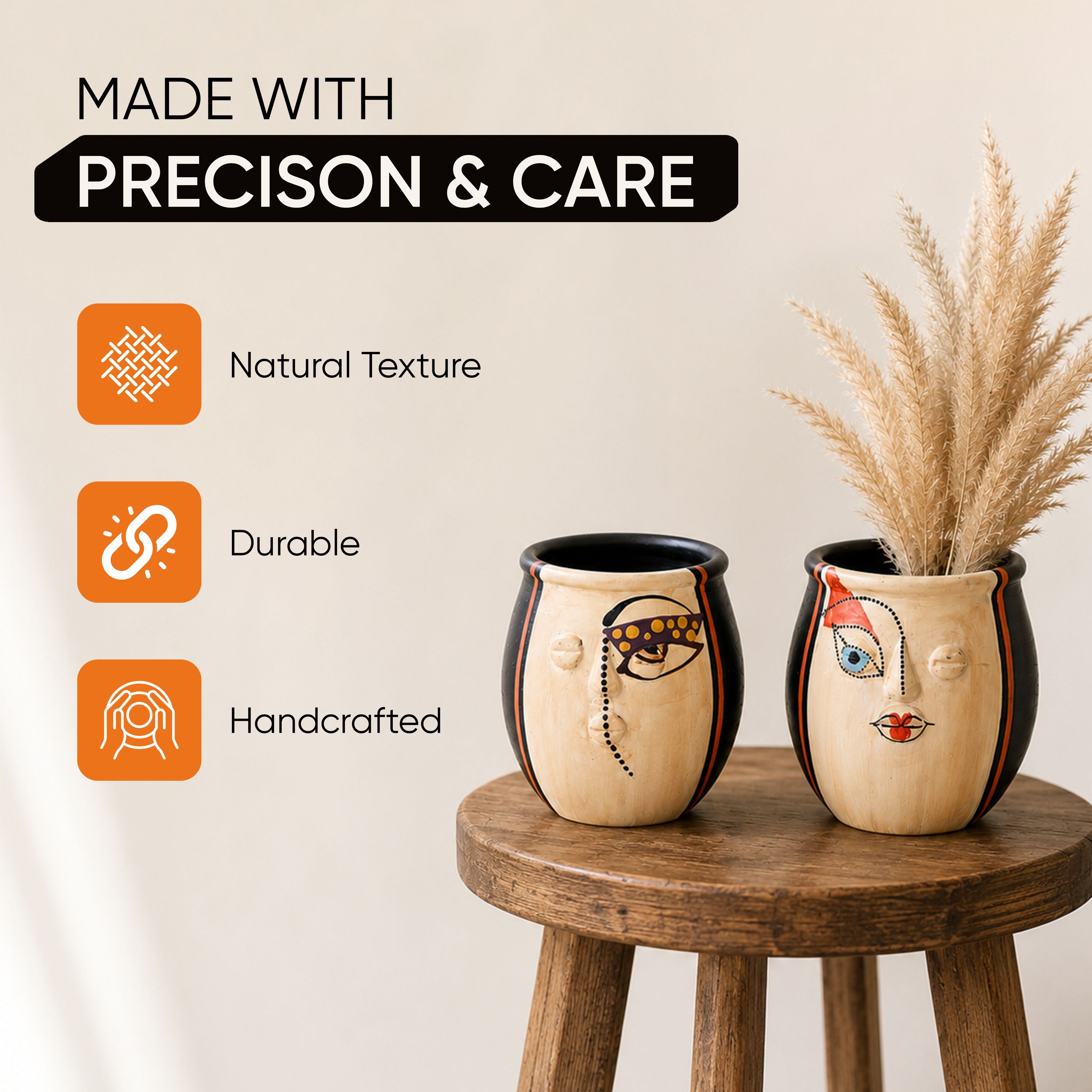 Terracotta Face Art Twin Pots for Modern Home and Office Decor