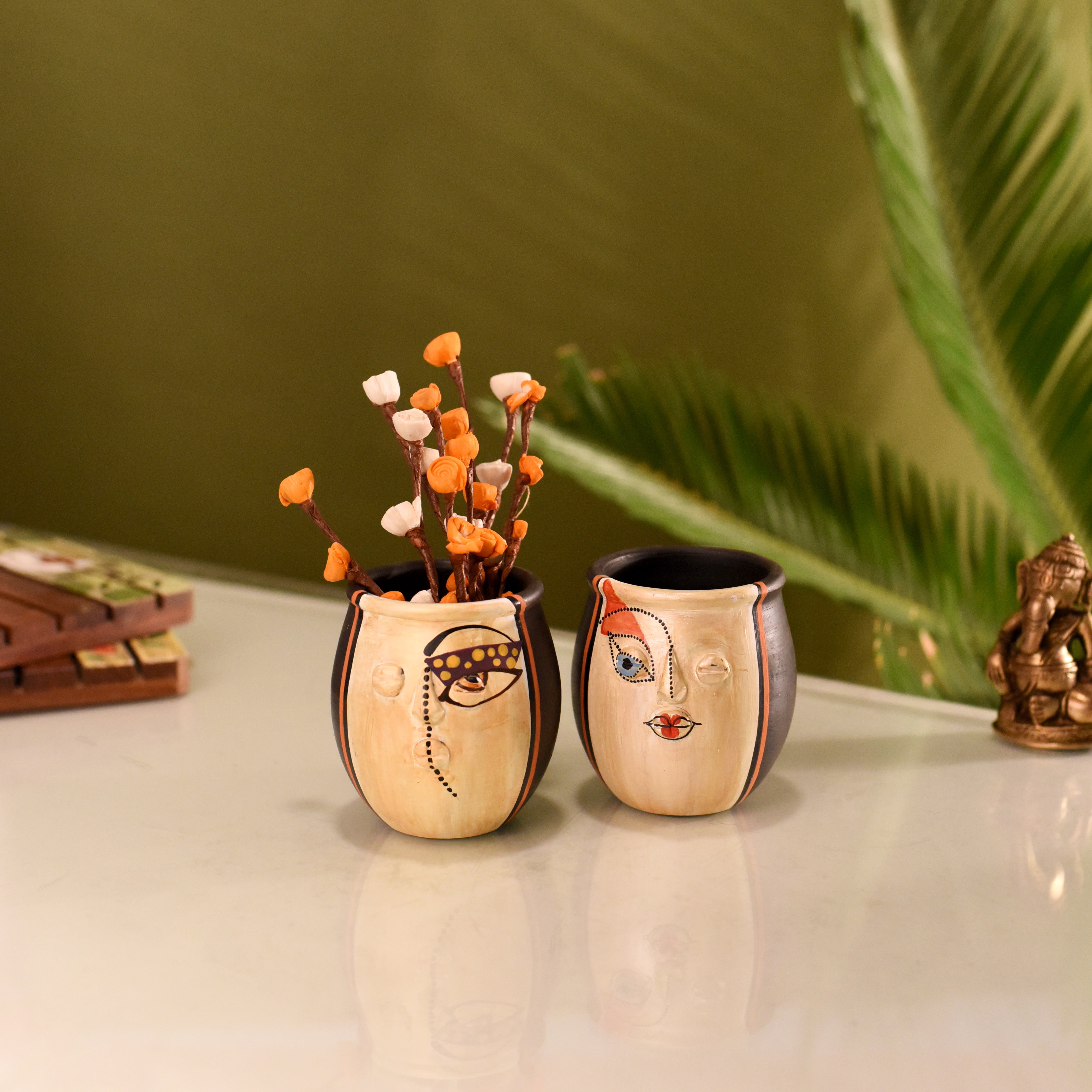 Terracotta Face Art Twin Pots for Modern Home and Office Decor