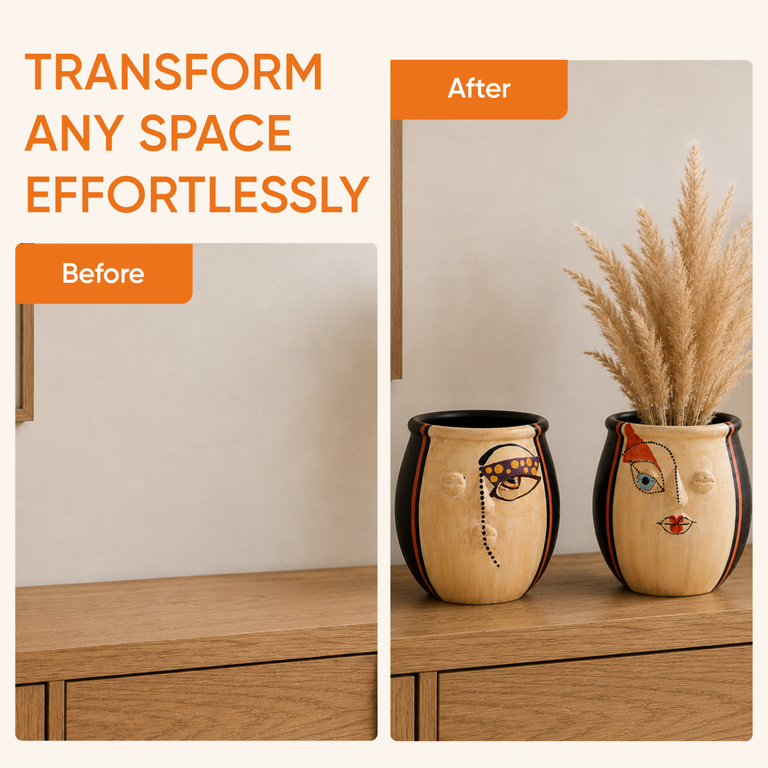 Terracotta Face Art Twin Pots for Modern Home and Office Decor