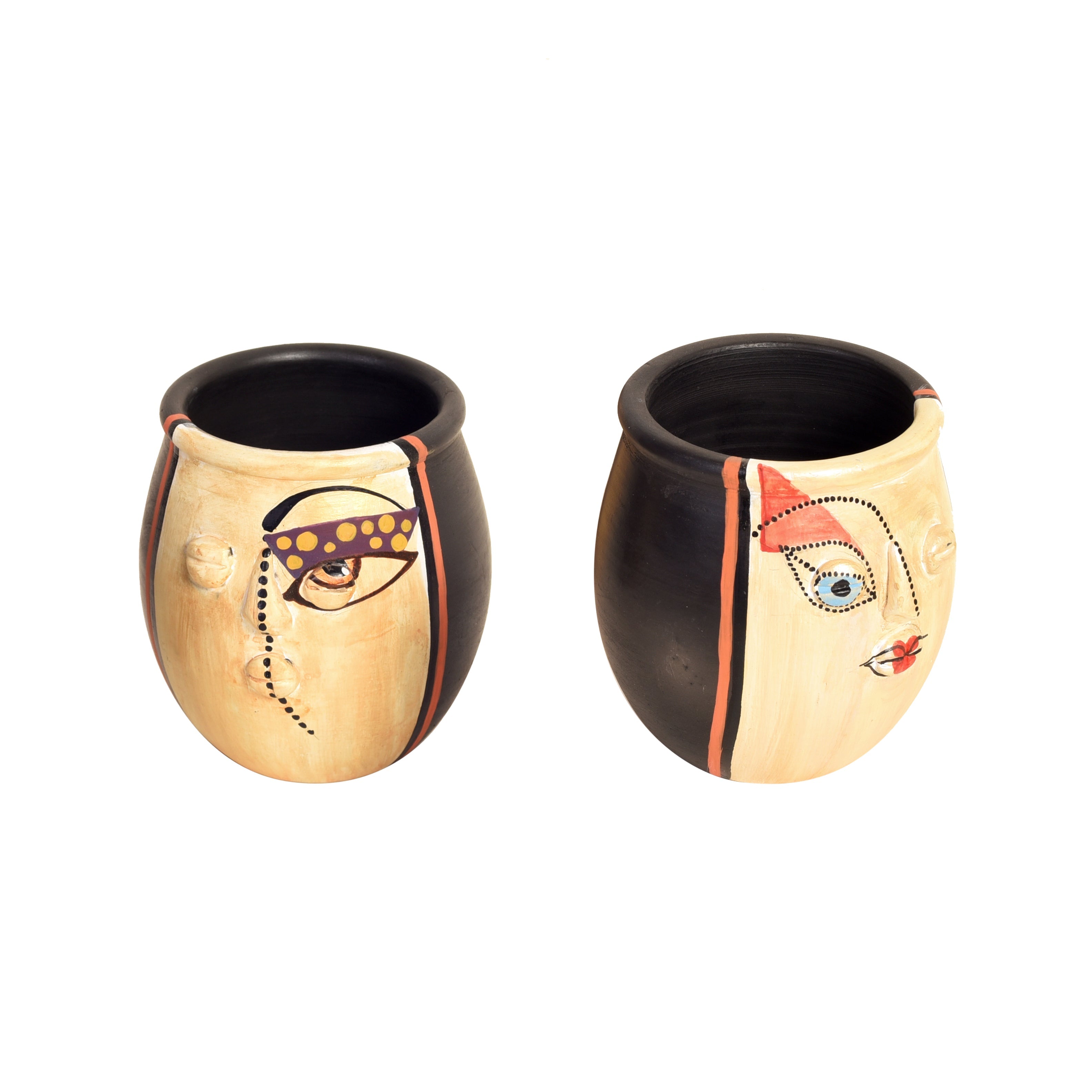 Terracotta Face Art Twin Pots for Modern Home and Office Decor