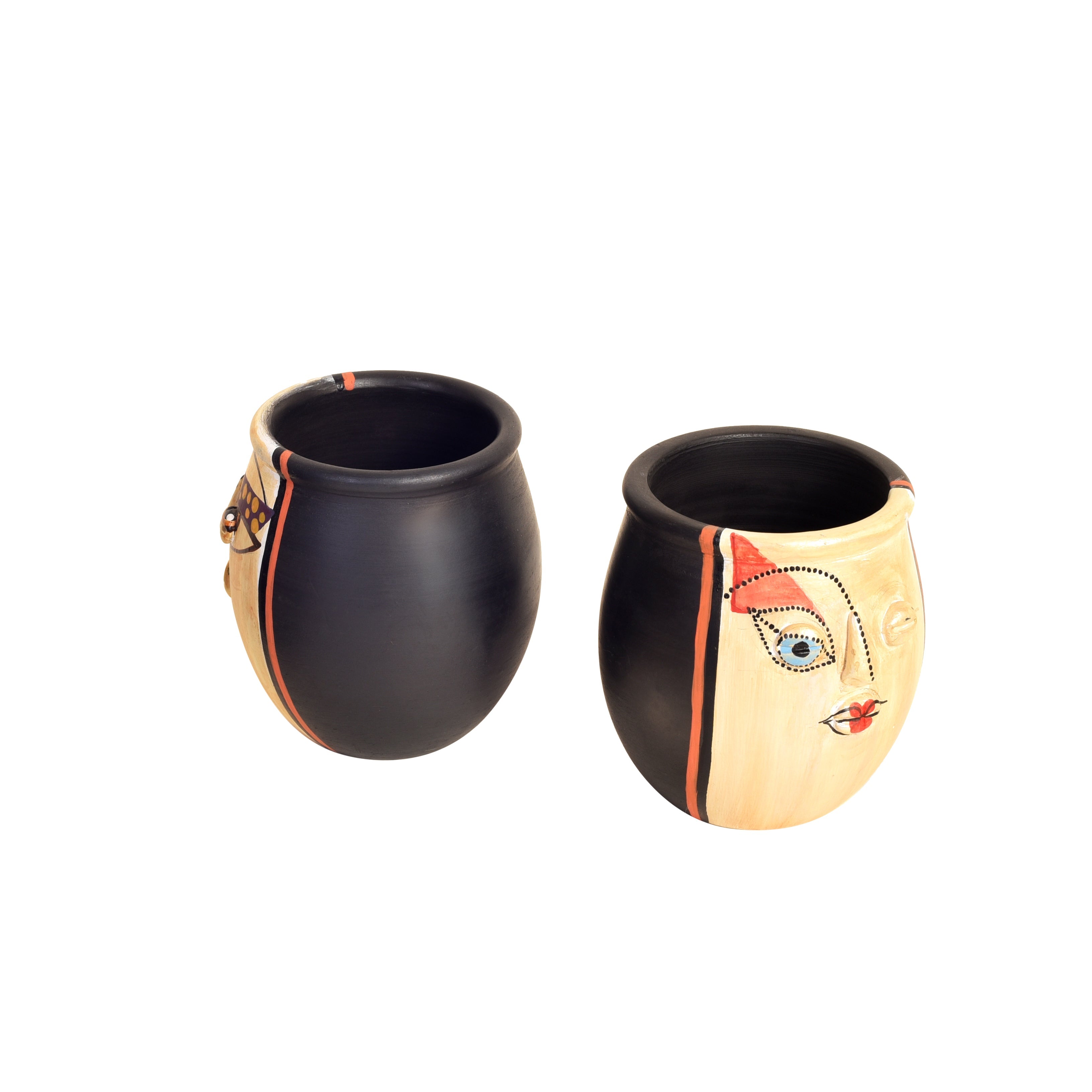 Terracotta Face Art Twin Pots for Modern Home and Office Decor