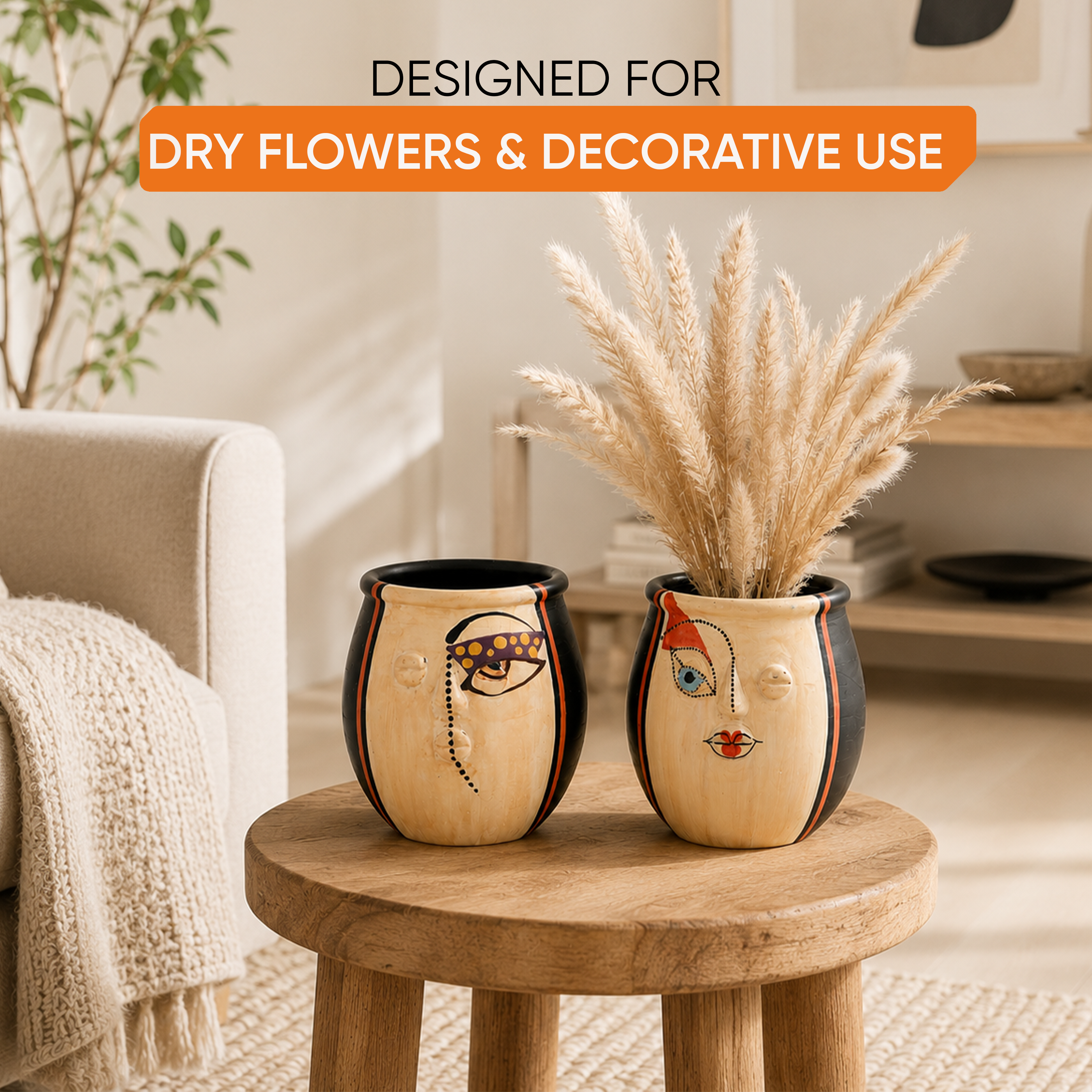 Terracotta Face Art Twin Pots for Modern Home and Office Decor