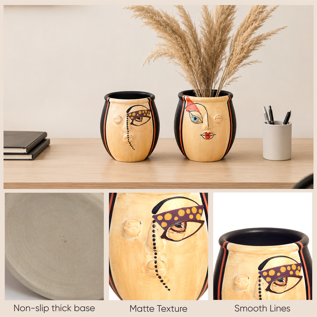 Terracotta Face Art Twin Pots for Modern Home and Office Decor