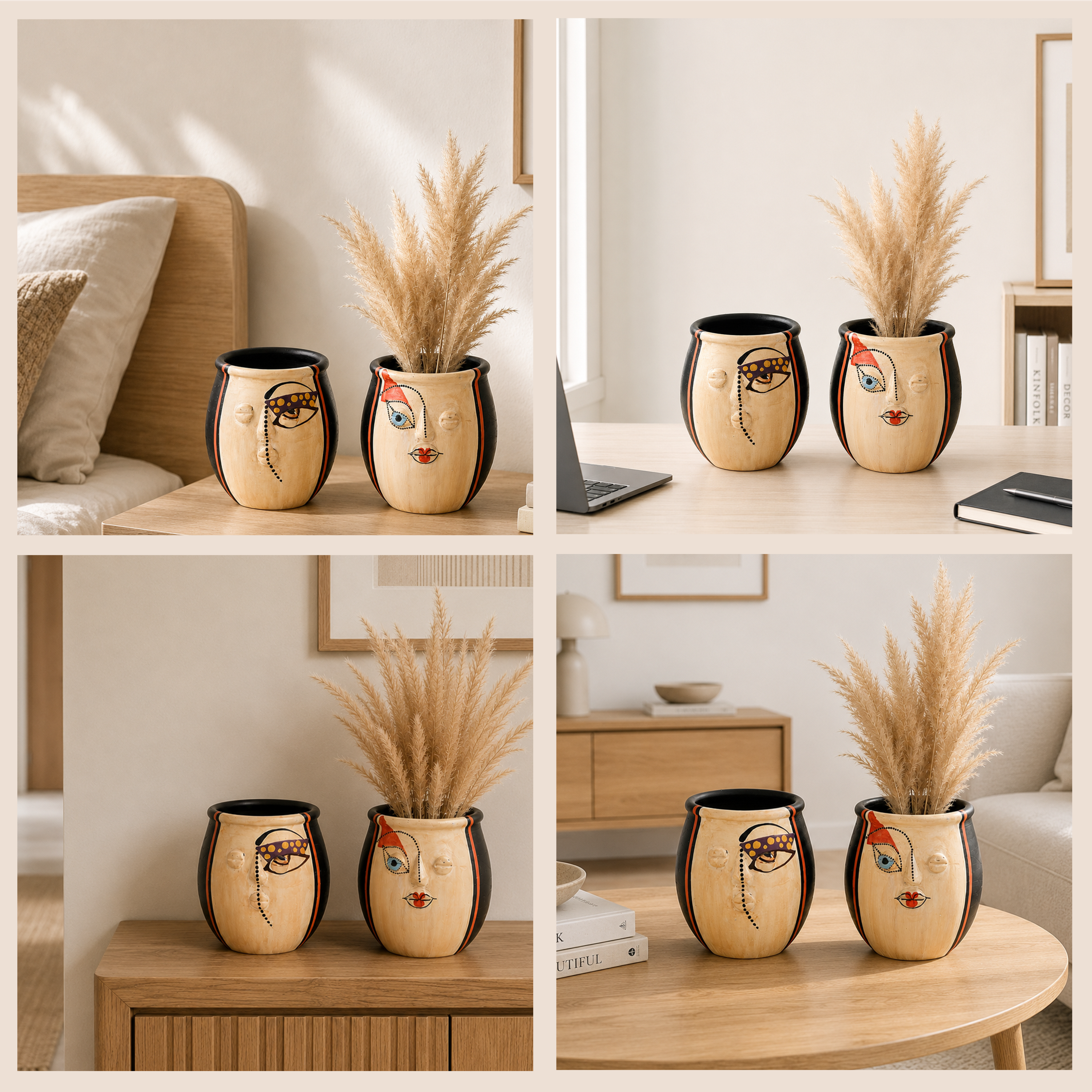 Terracotta Face Art Twin Pots for Modern Home and Office Decor