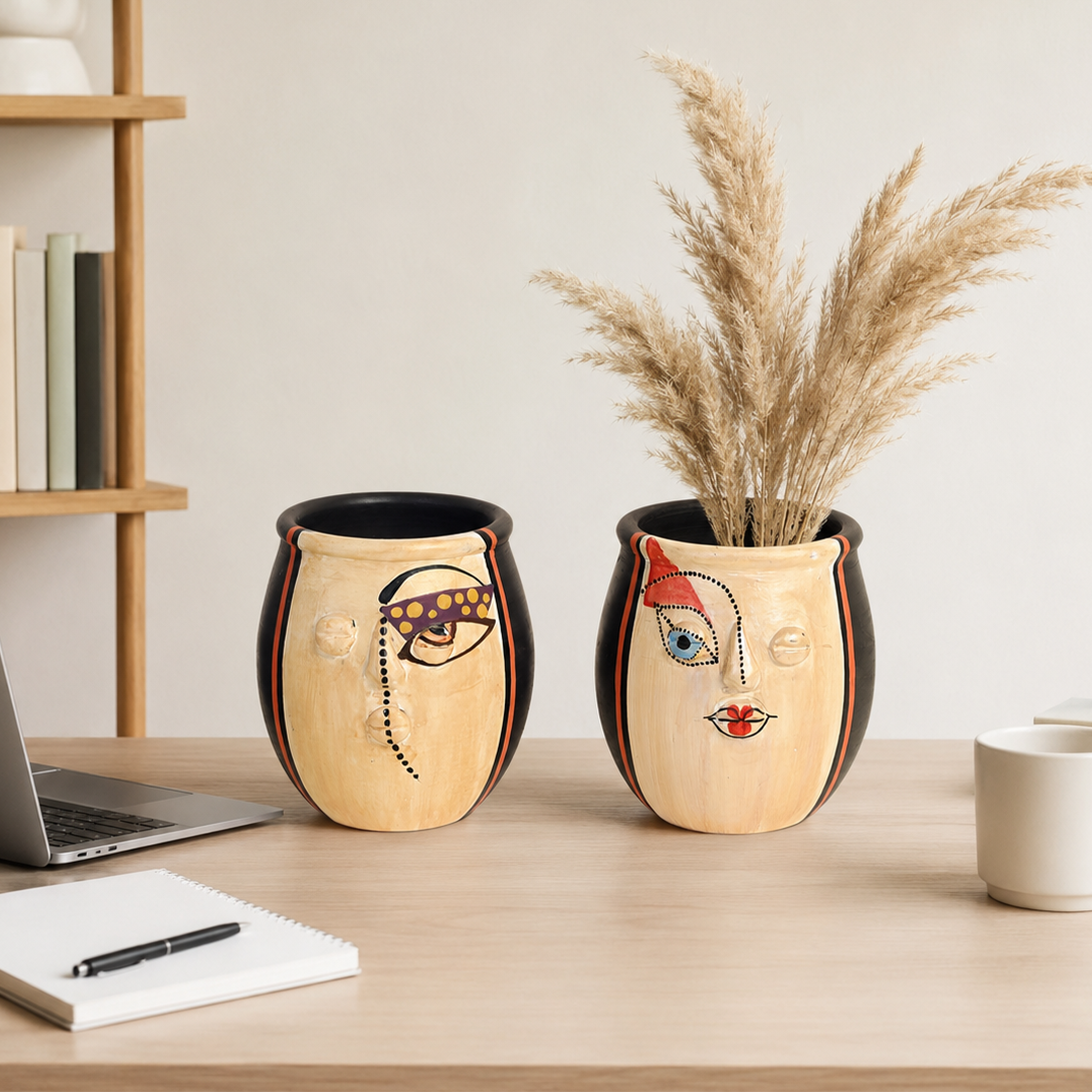 Terracotta Face Art Twin Pots for Modern Home and Office Decor