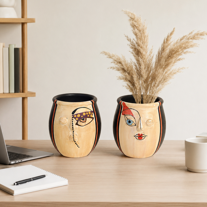 Terracotta Face Art Twin Pots for Modern Home and Office Decor