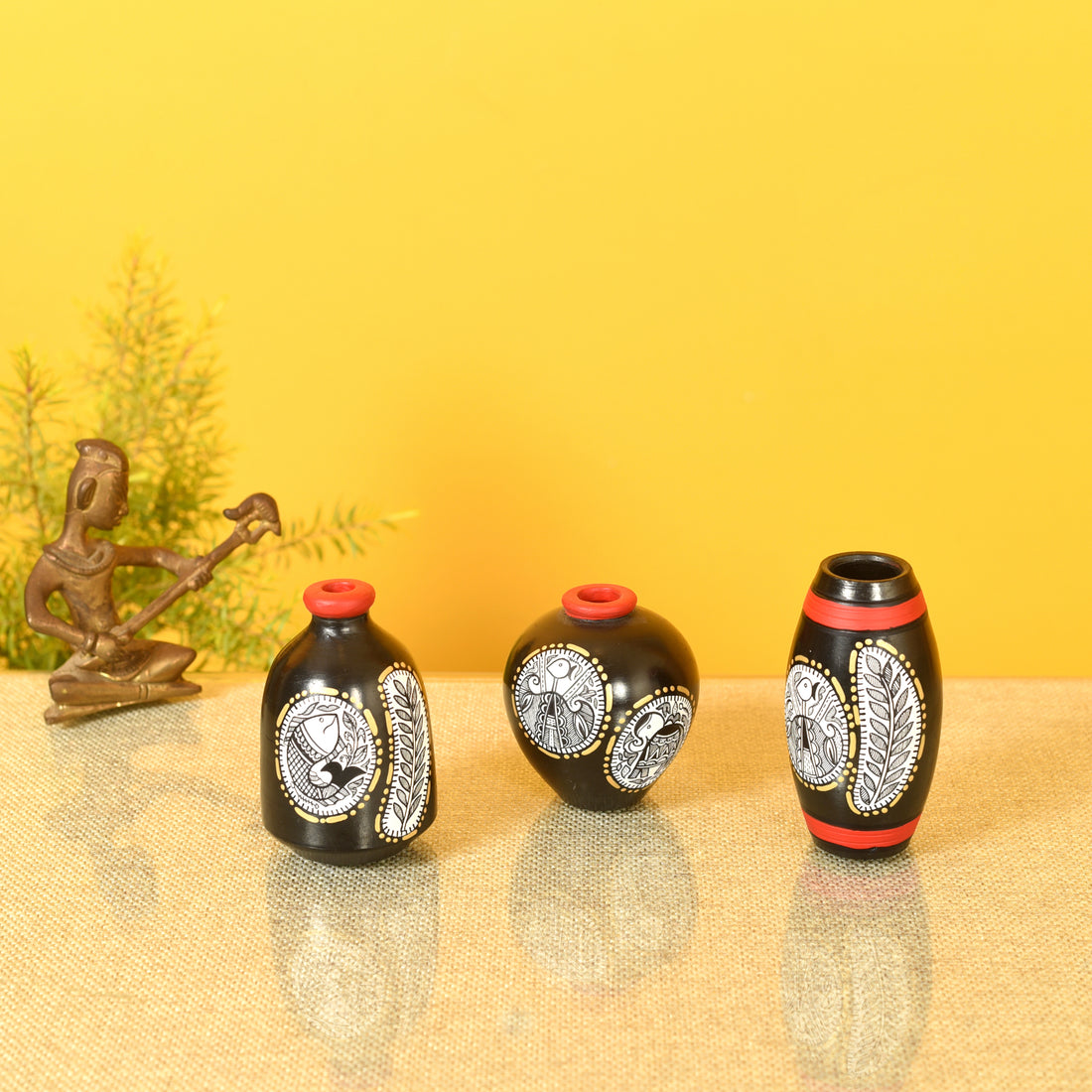 Black Warli Terracotta Miniature Decor Vases