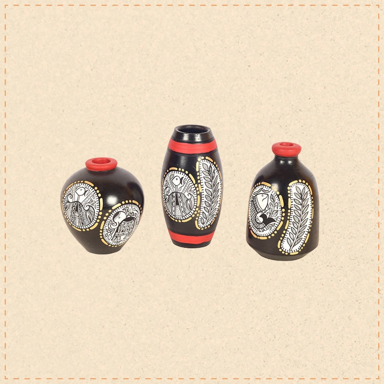 Black Warli Terracotta Miniature Decor Vases