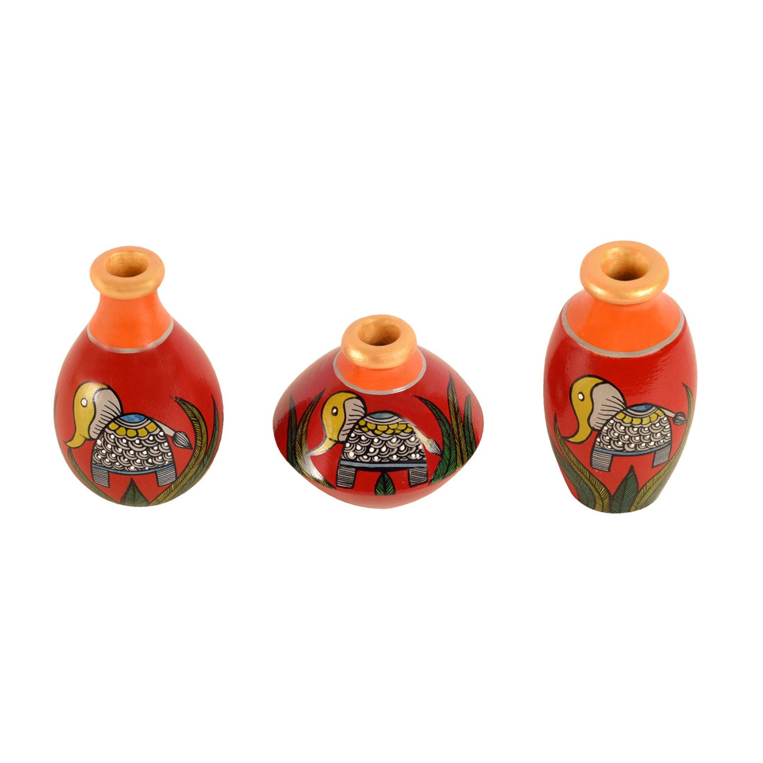 Joyful Elephants Terracotta Vase Set of Set of 3 (Red)