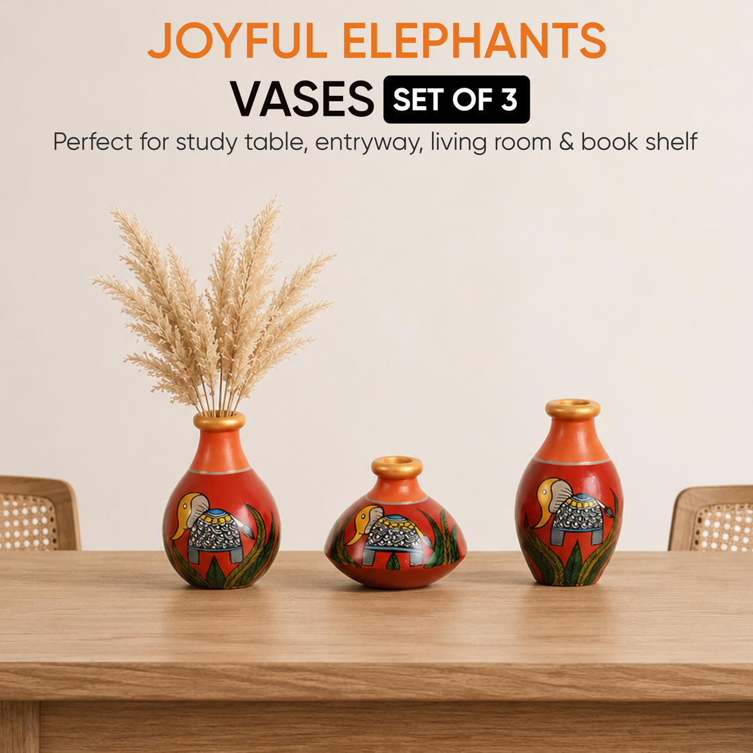 Joyful Elephants Terracotta Vase Set of Set of 3 (Red)