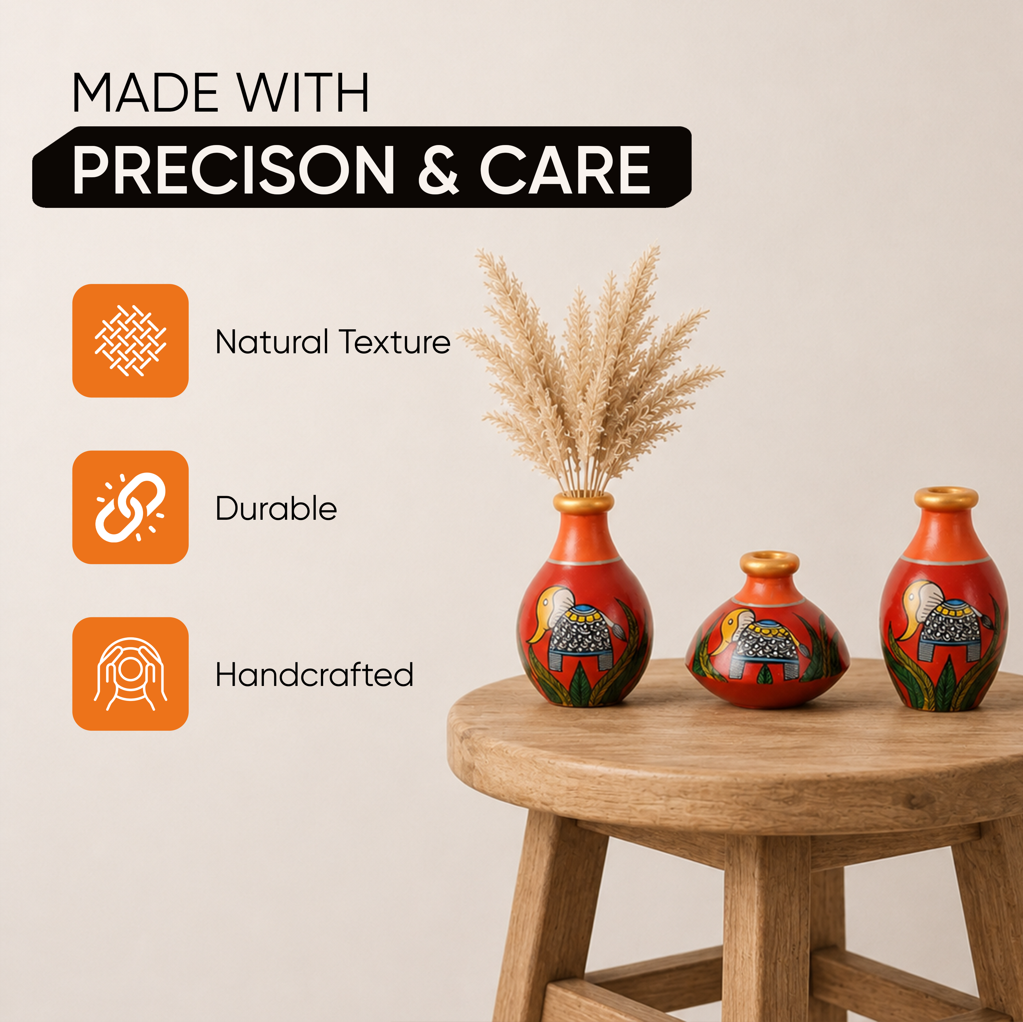 Joyful Elephants Terracotta Vase Set of Set of 3 (Red)