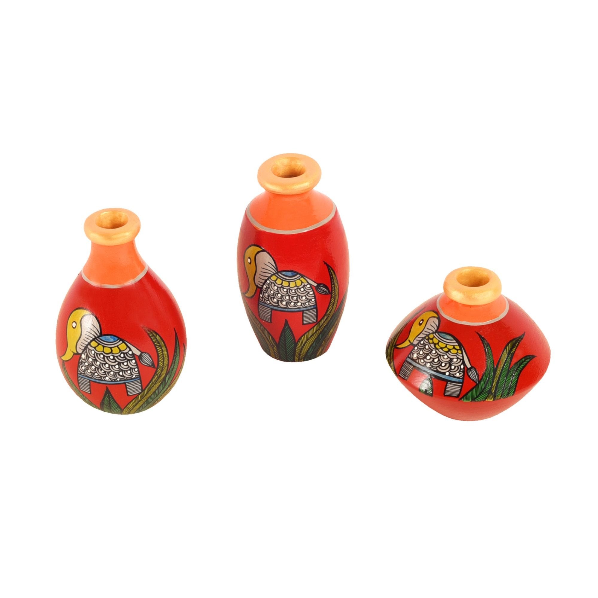 Joyful Elephants Terracotta Vase Set of Set of 3 (Red)
