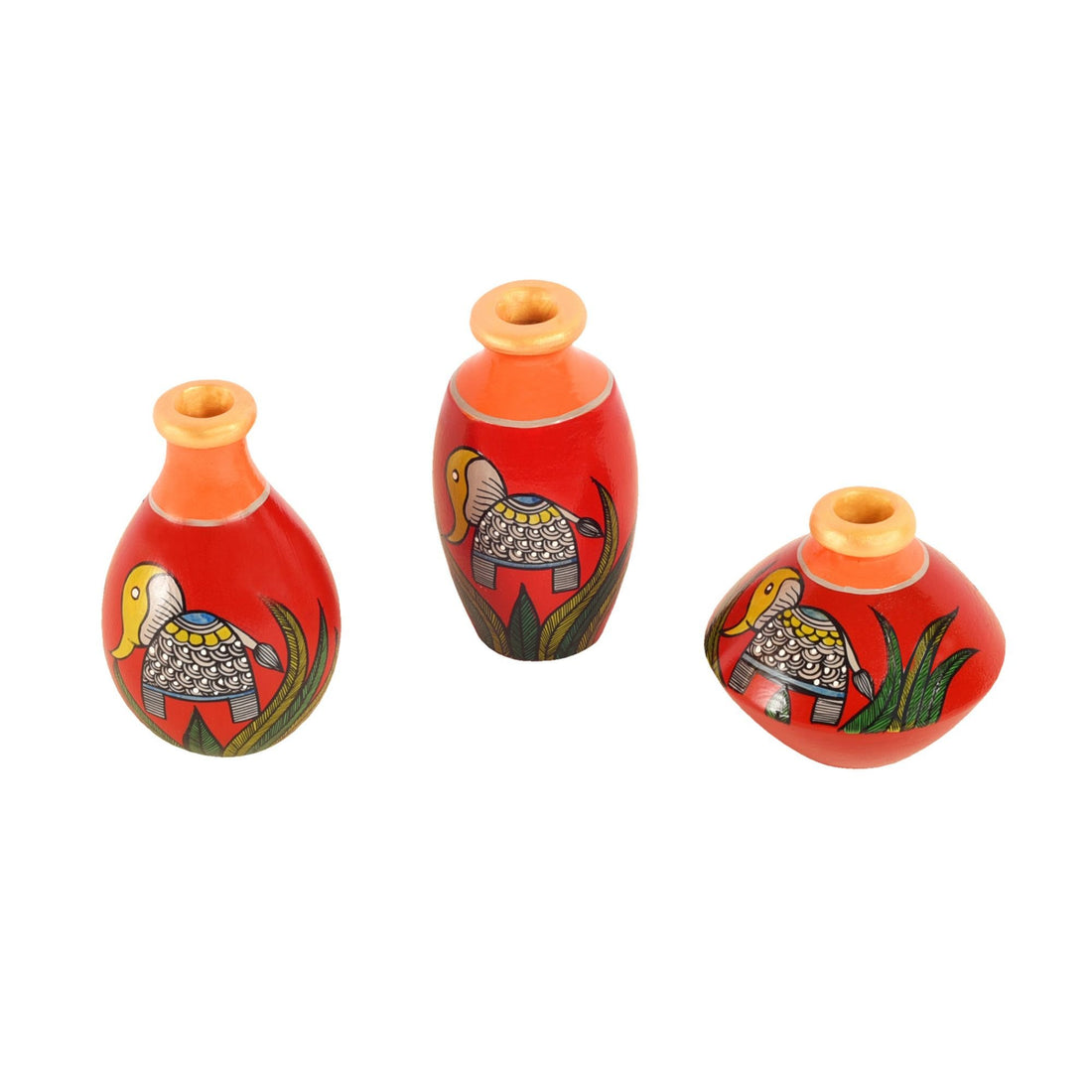 Joyful Elephants Terracotta Vase Set of Set of 3 (Red)