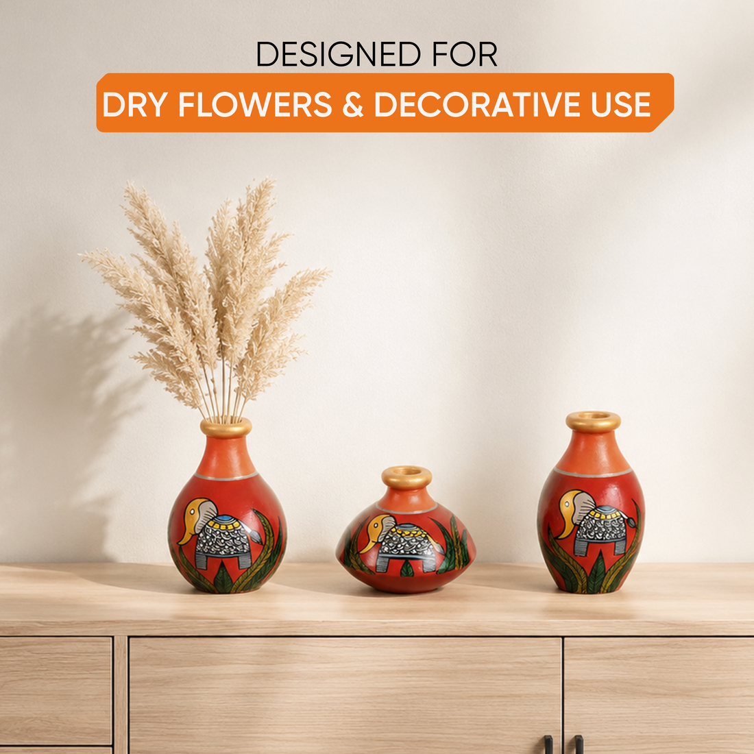 Joyful Elephants Terracotta Vase Set of Set of 3 (Red)