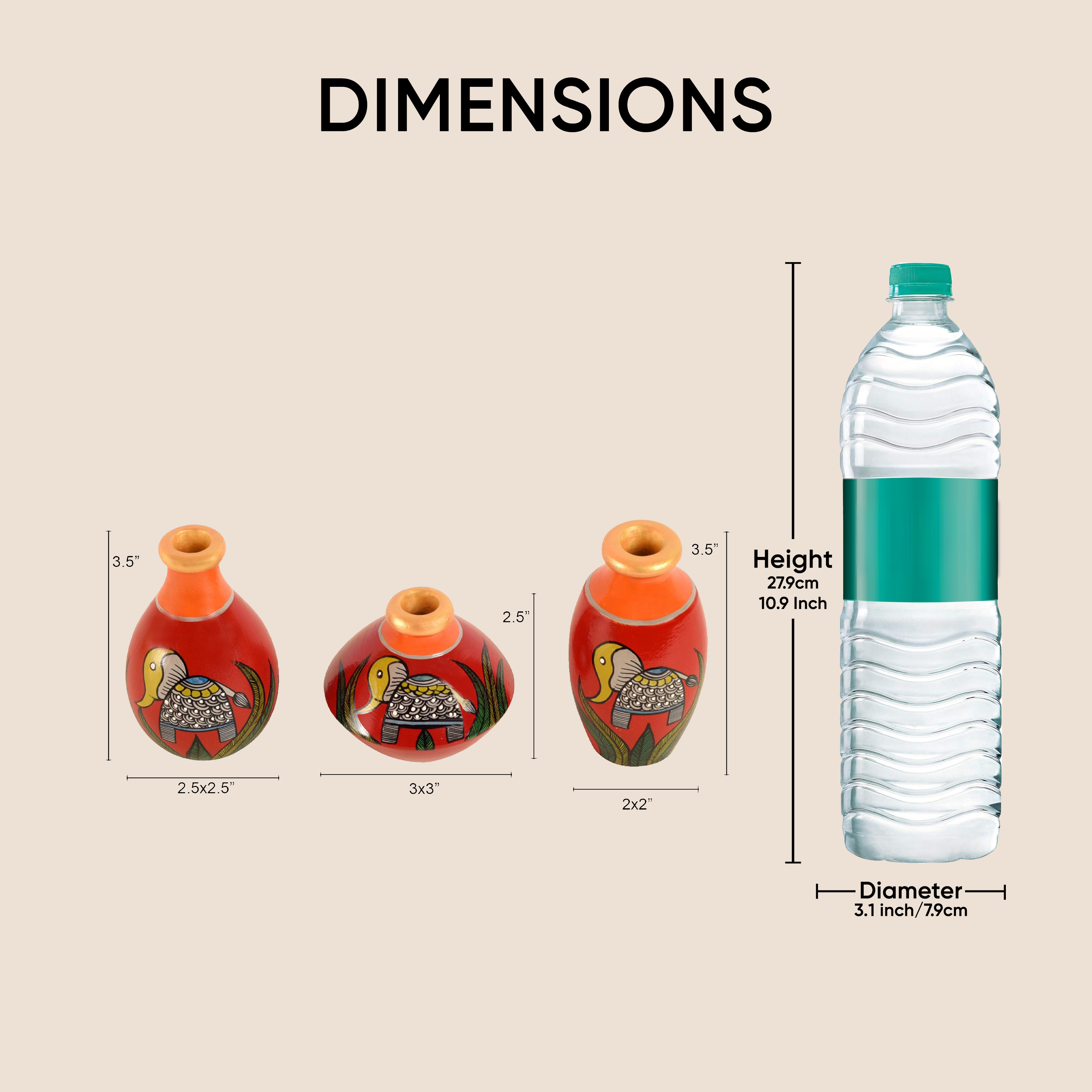 Joyful Elephants Terracotta Vase Set of Set of 3 (Red)