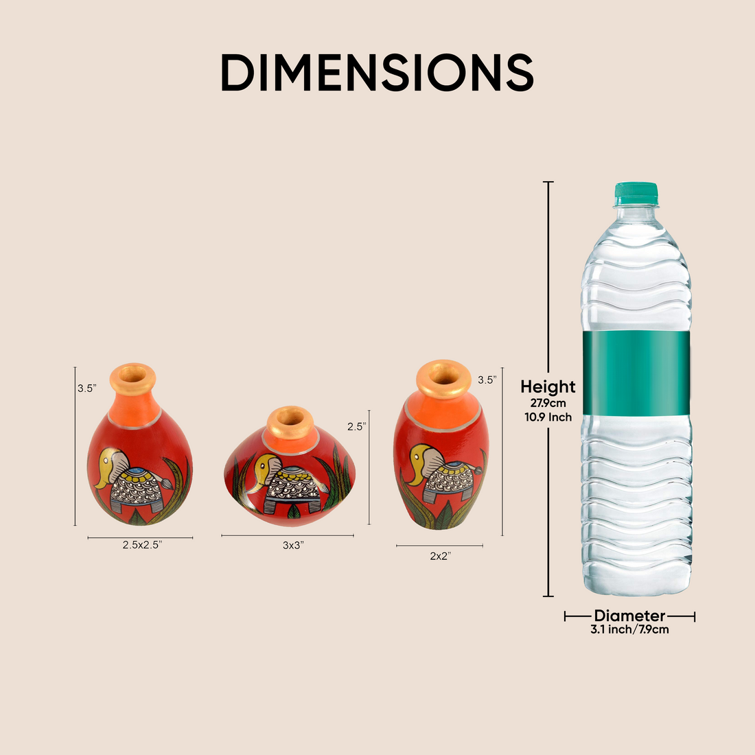 Joyful Elephants Terracotta Vase Set of Set of 3 (Red)