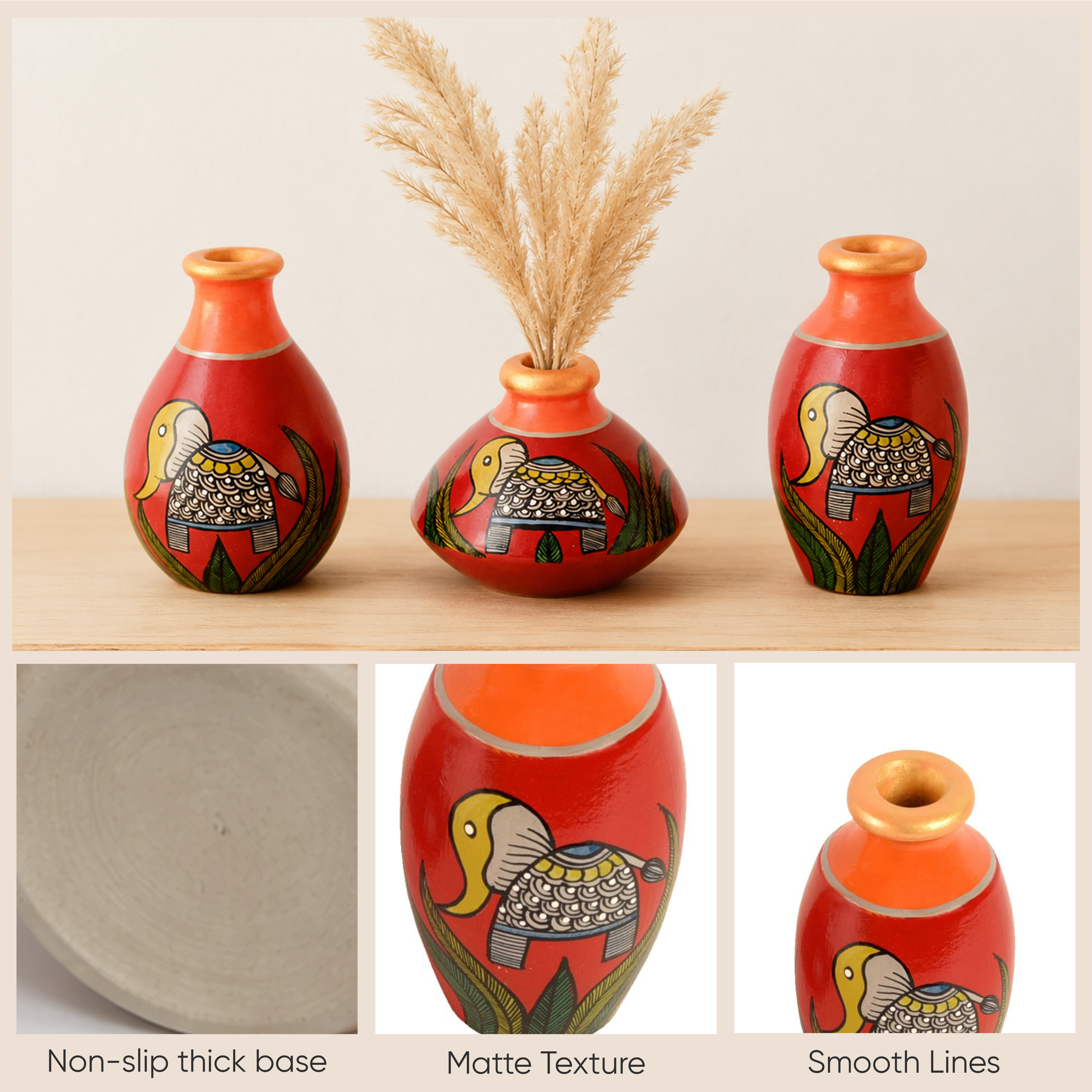 Joyful Elephants Terracotta Vase Set of Set of 3 (Red)
