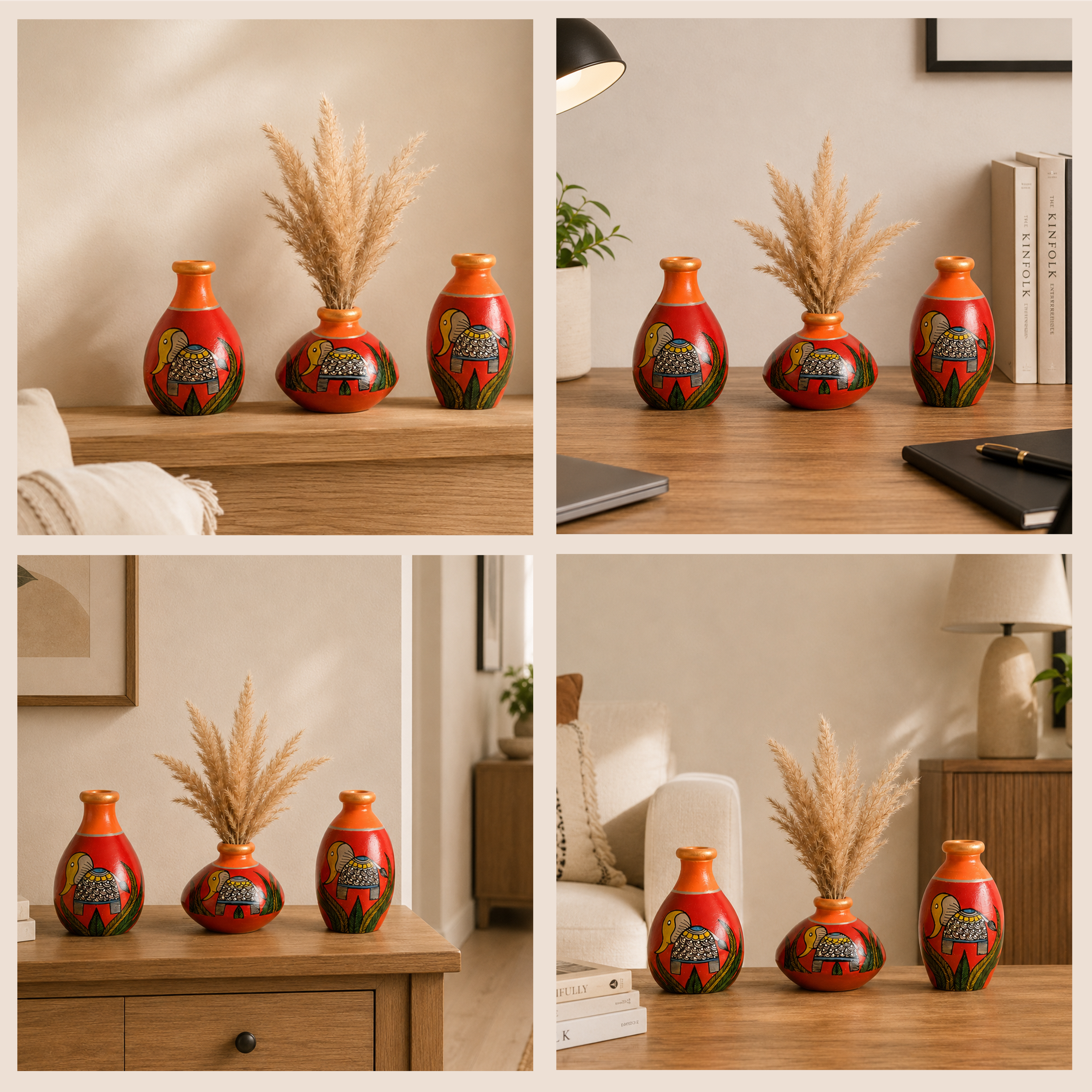 Joyful Elephants Terracotta Vase Set of Set of 3 (Red)