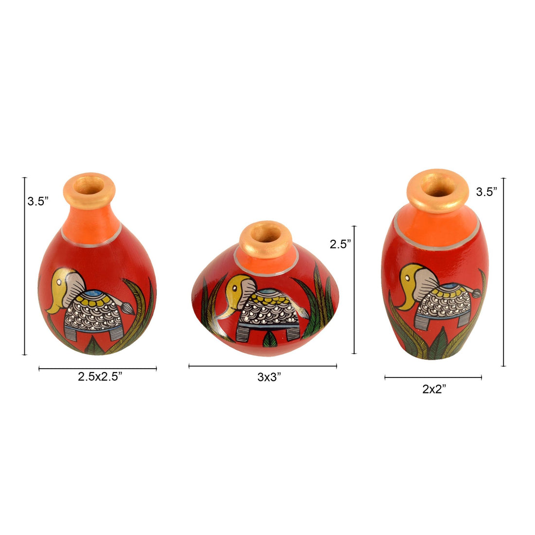 Joyful Elephants Terracotta Vase Set of Set of 3 (Red)