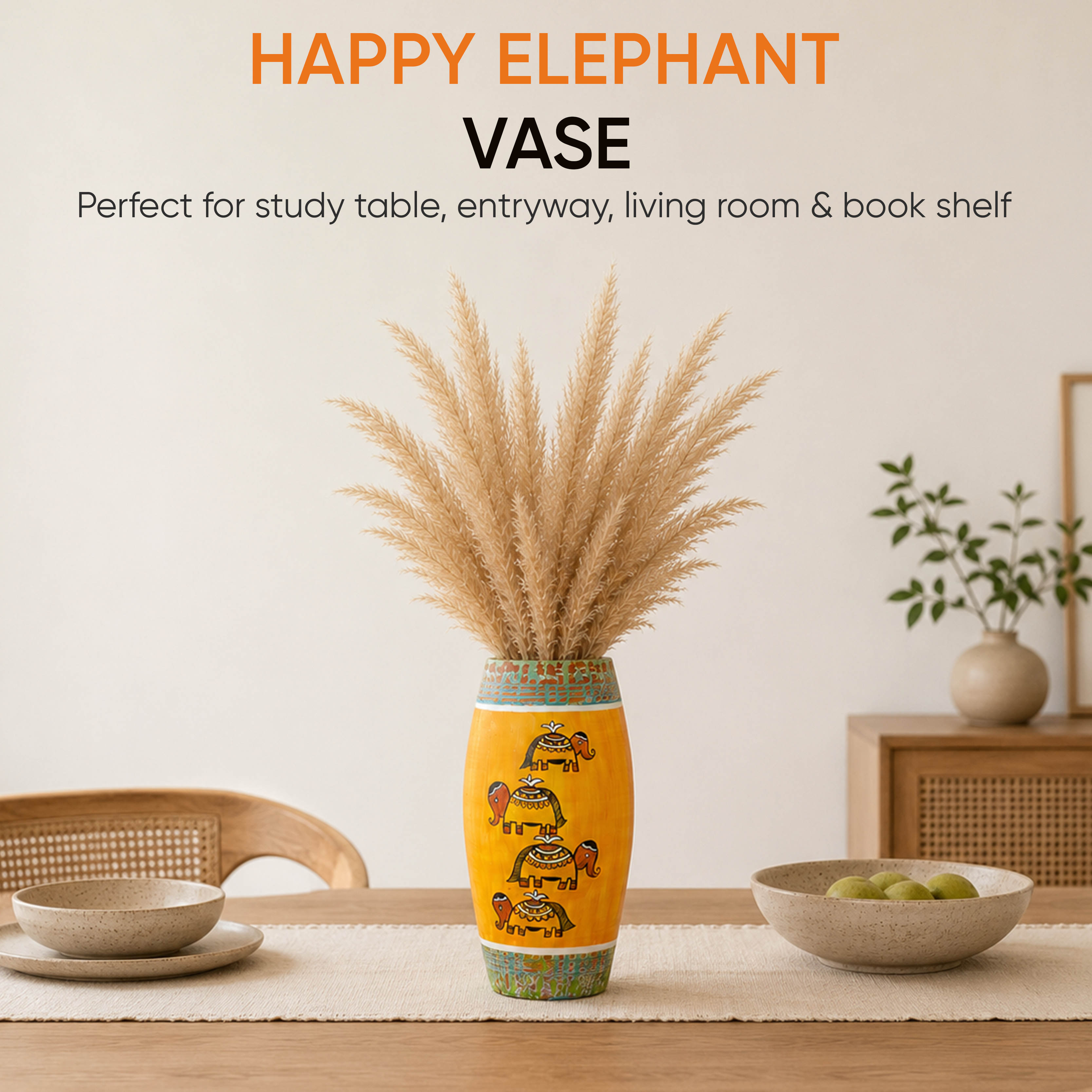 Happy Elephant Scratched Yellow Vase (4x4x9)