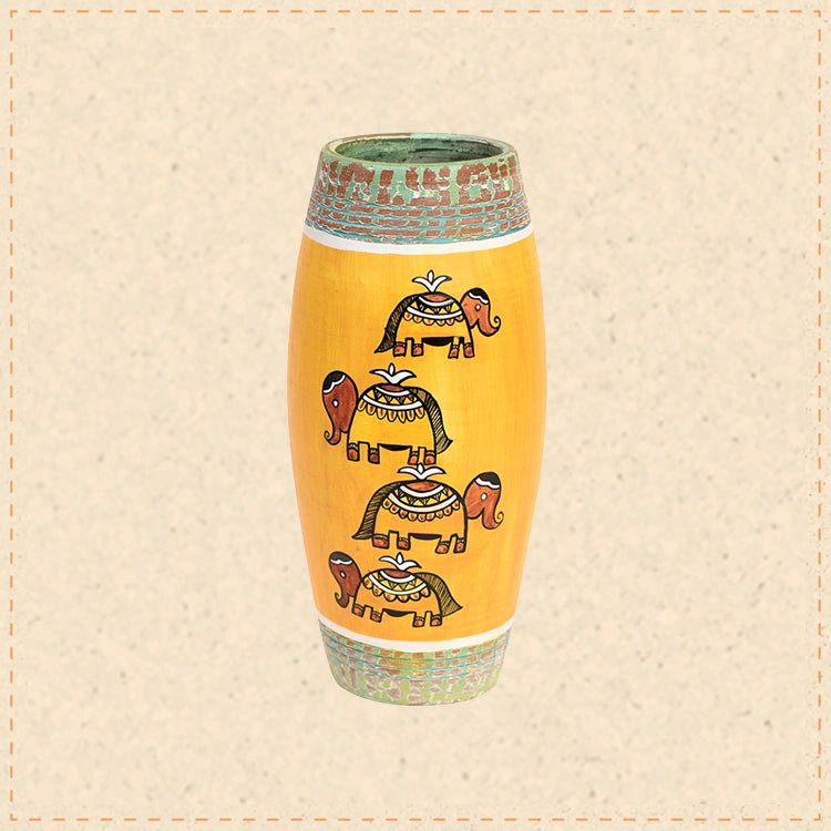Happy Elephant Scratched Yellow Vase (4x4x9)