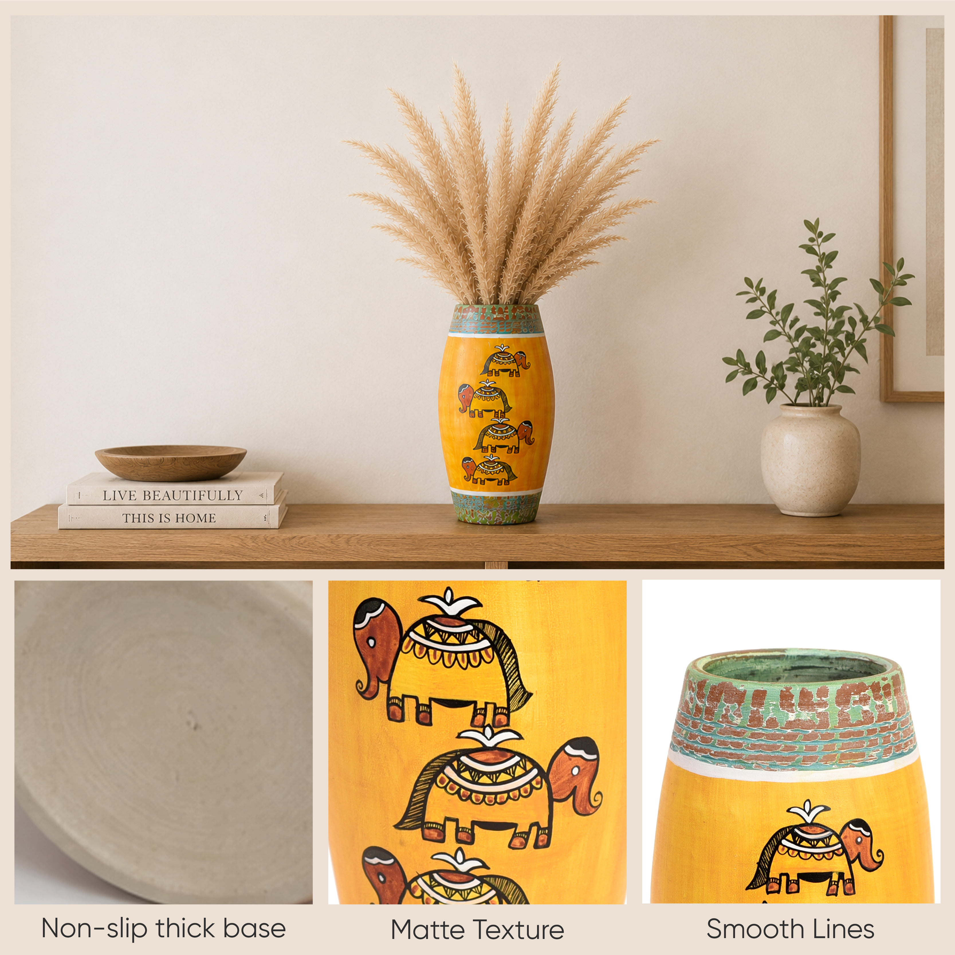 Happy Elephant Scratched Yellow Vase (4x4x9)