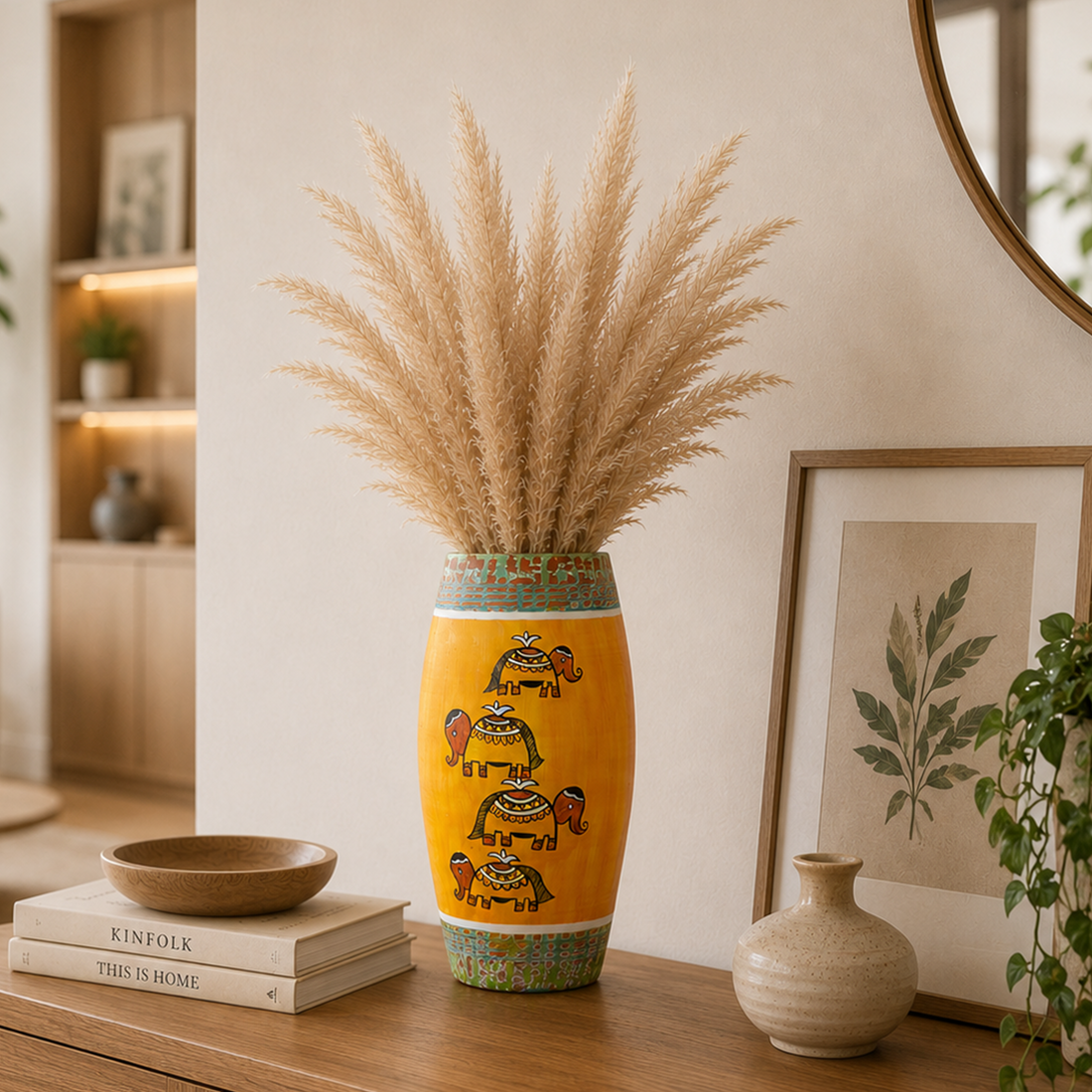 Happy Elephant Scratched Yellow Vase (4x4x9)