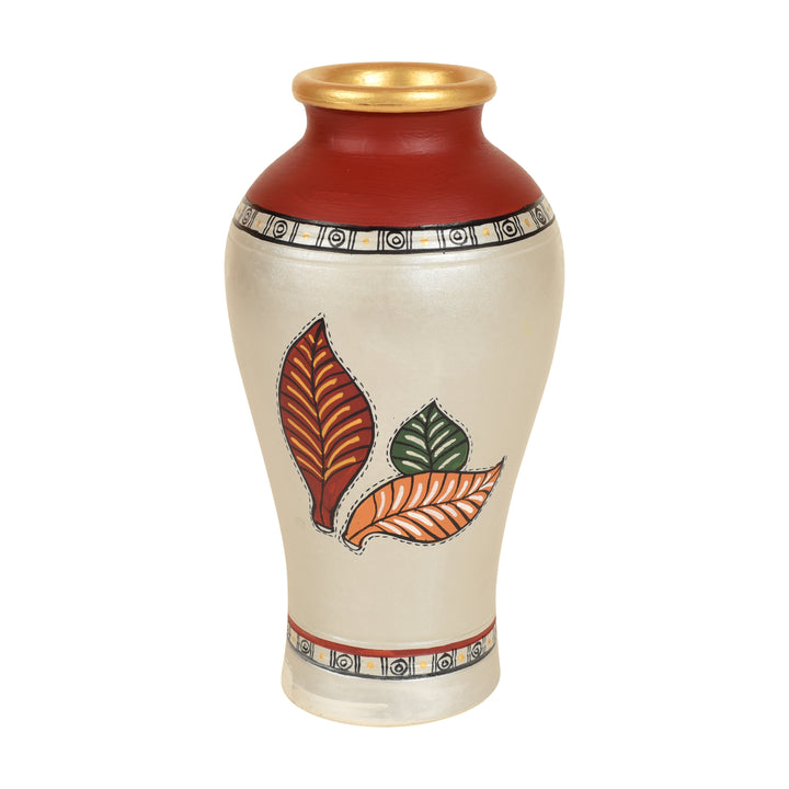 Silver Bloom Earthen Vase Handpainted in Tribal Art (9x5)