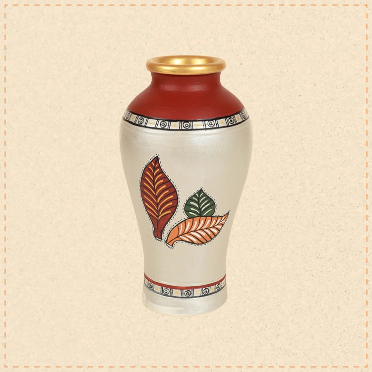 Silver Bloom Earthen Vase Handpainted in Tribal Art (9x5)
